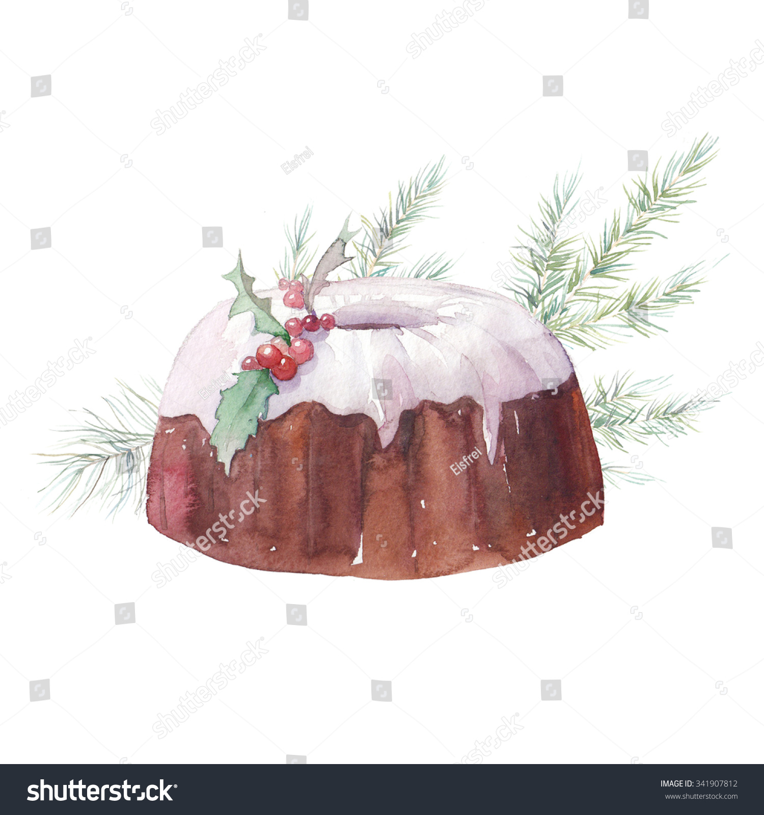 Download Watercolor Traditional Plum Pudding Illustration Hand Stock Illustration 341907812 PSD Mockup Templates