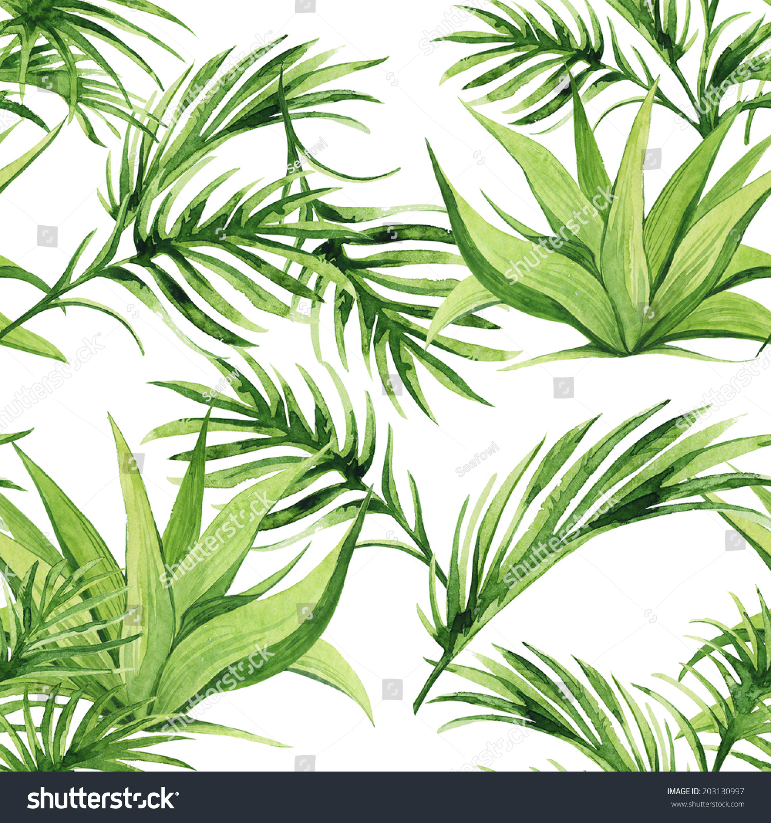 Watercolor Tropical Green Plants Pattern Set Stock Illustration ...