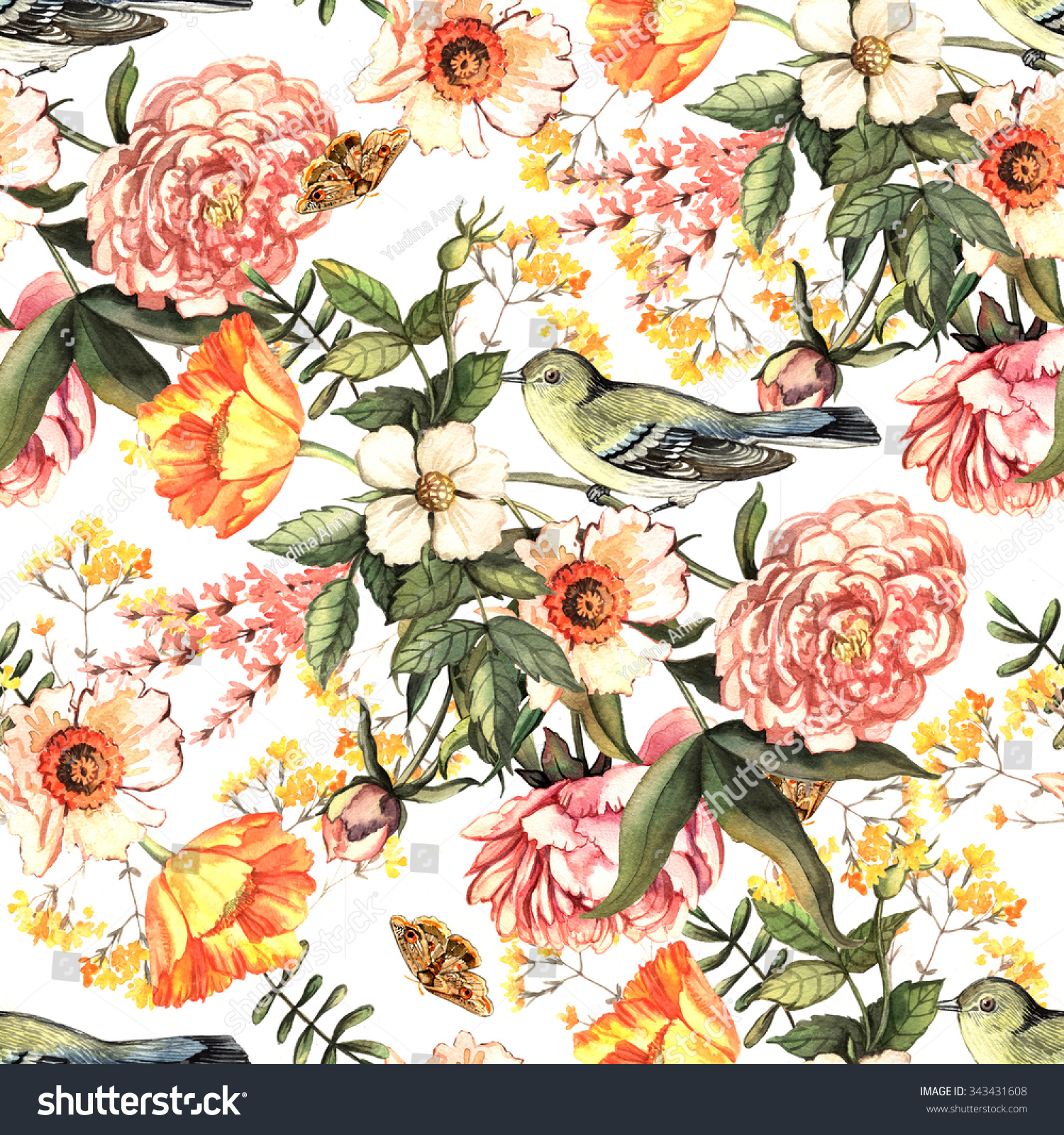 Watercolor Vintage Pattern Delicate Flowers Birds Stock Illustration 343431608