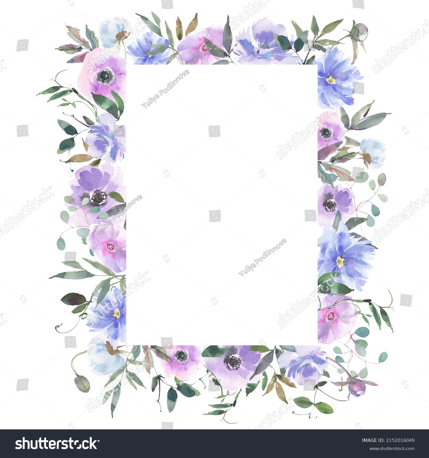 Watercolour Floral Frame Purple Blue Roses Stock Illustration ...