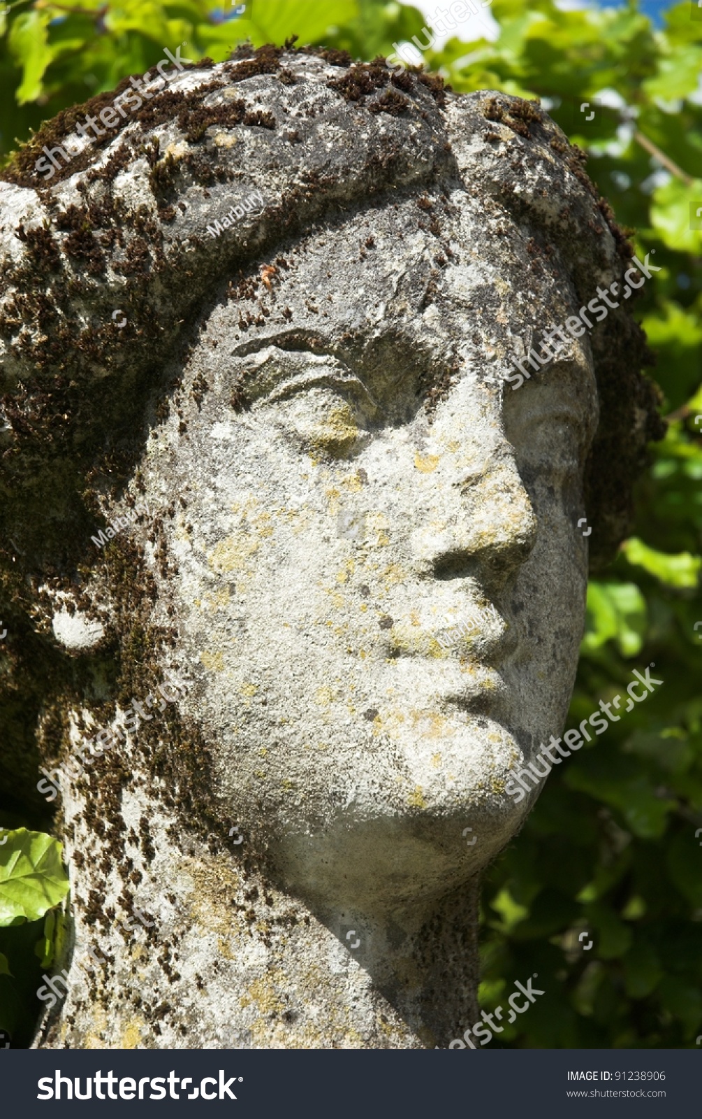 Weathered Limestone Figure Head Of Garden Statue. Stock Photo 91238906 ...