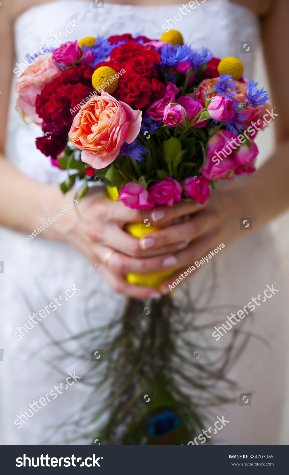 Wedding Bouquet Pink Roses Blue Red Stock Photo Edit Now 384707965