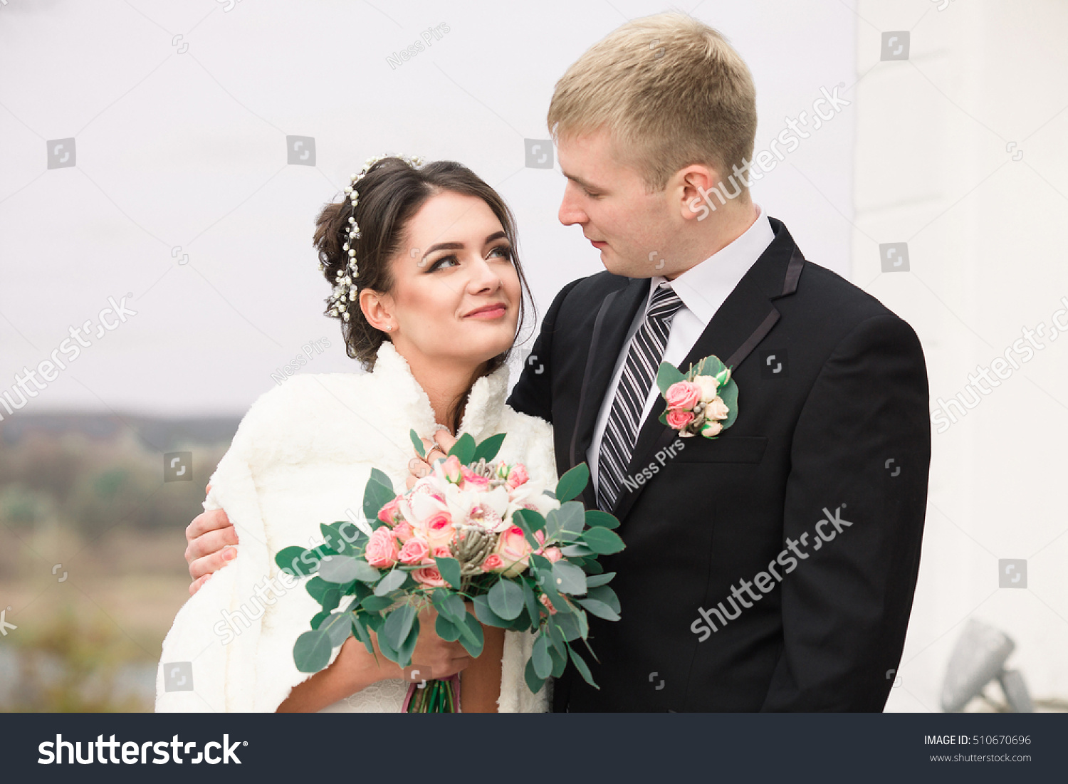 Wedding Couple Outdoors Hugging Each Other Stock Photo 510670696 ...