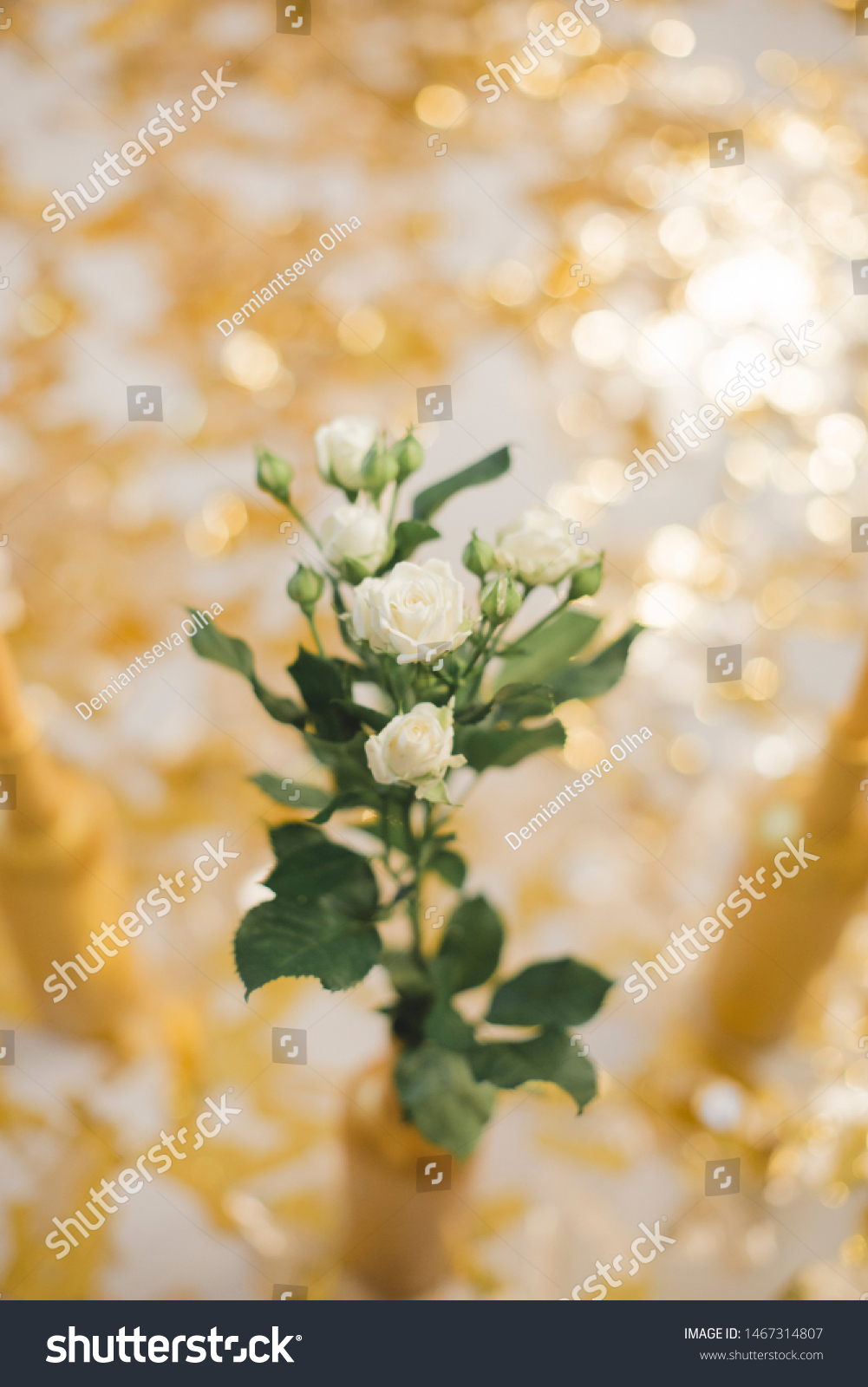 Wedding Decoration Gold Confetti Bottlevases Flowers Stock Photo