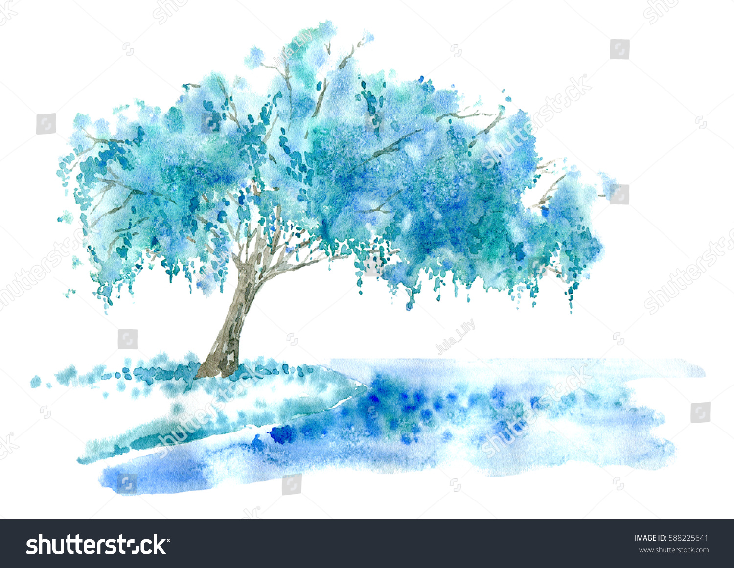 湖水に柳を垂らす 青い木 水彩手描きのイラスト のイラスト素材
