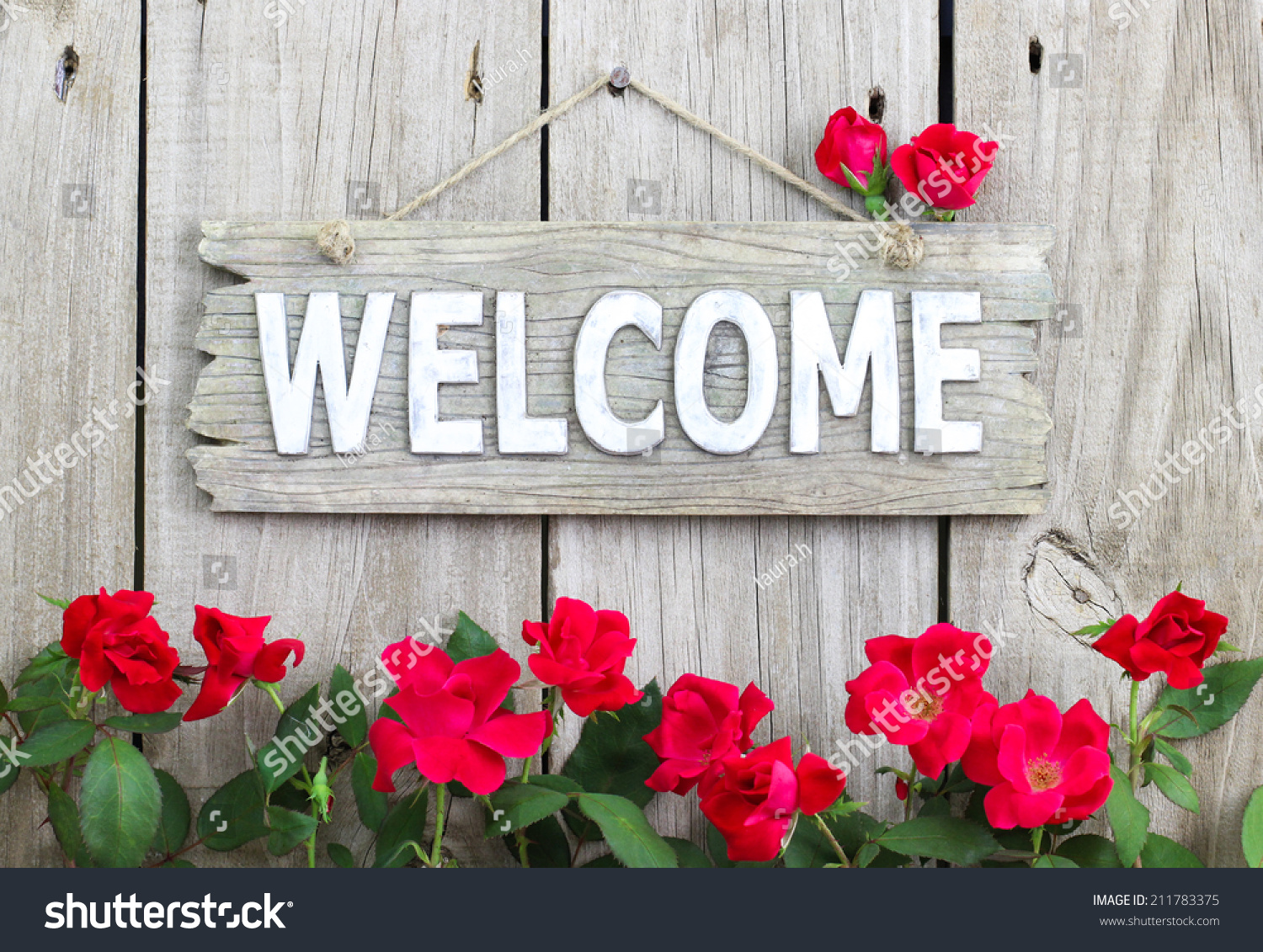 Welcome Sign Hanging On Rustic Wood Stock Photo (Edit Now) 211783375