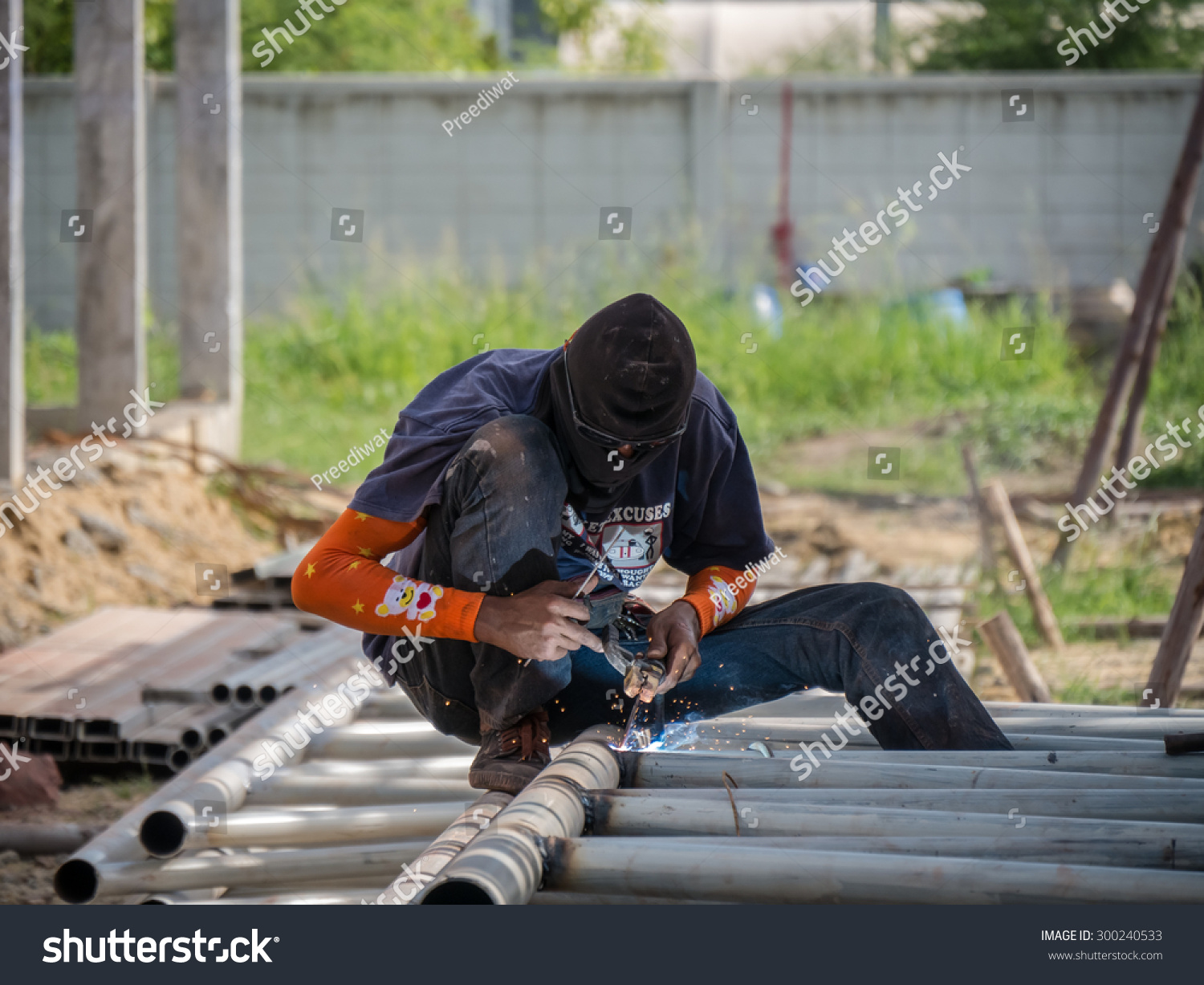 Welding Metal Pipe Together Be Roof Stock Photo 300240533 ...