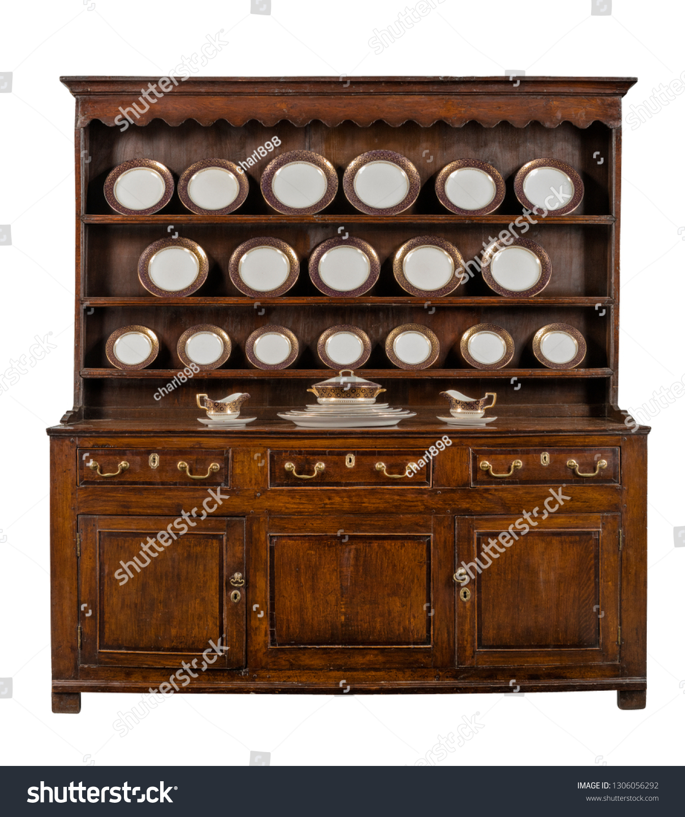 Welsh Dresser Oak Vintage Old Plates Vintage Objects Stock Image