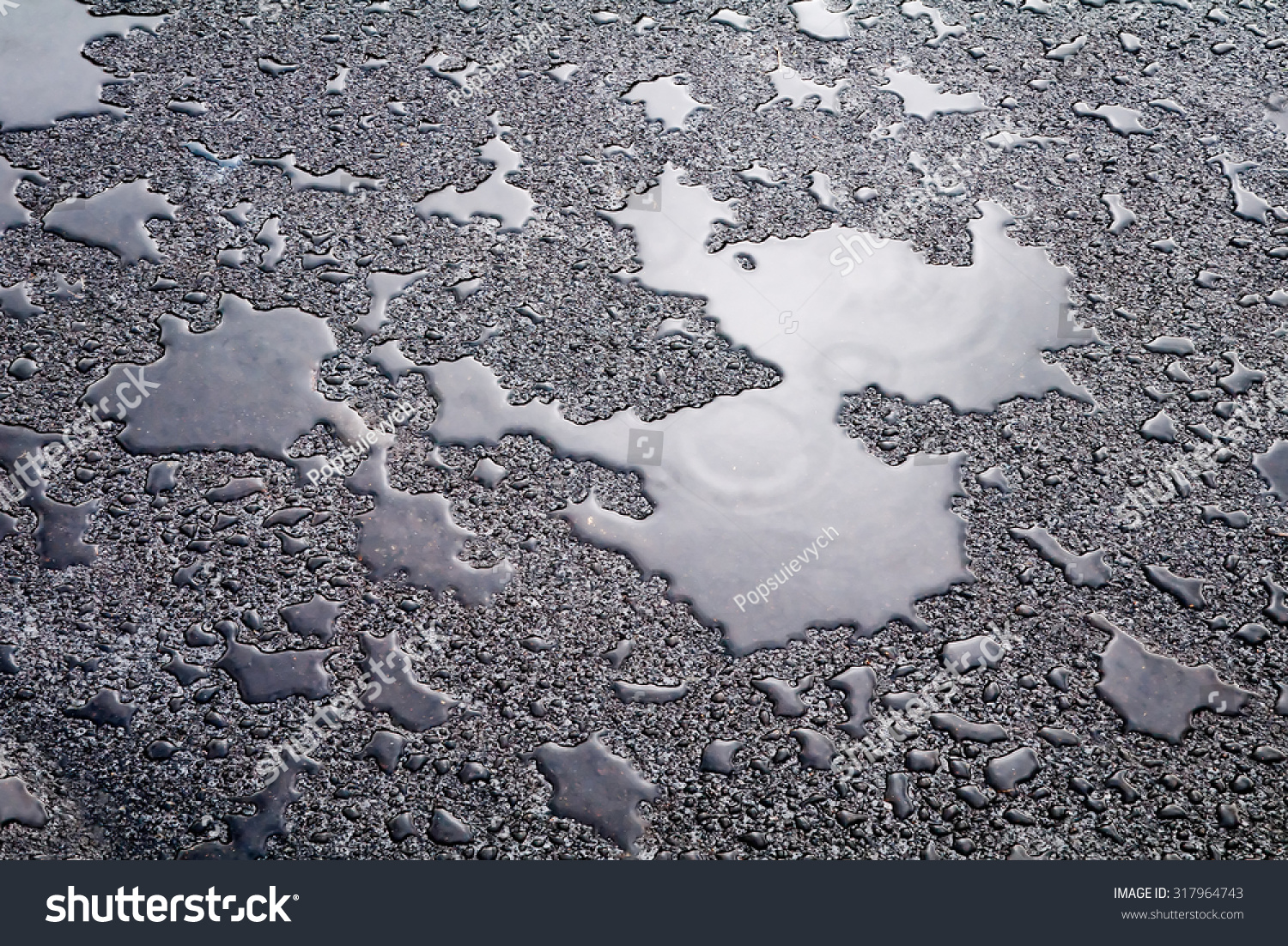 Wet Asphalt Covered With Puddles Of Water Reflecting The Sky. Stock ...