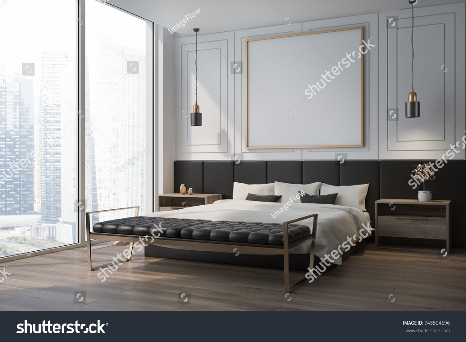White Bedroom Corner Wooden Floor Double Stock Illustration