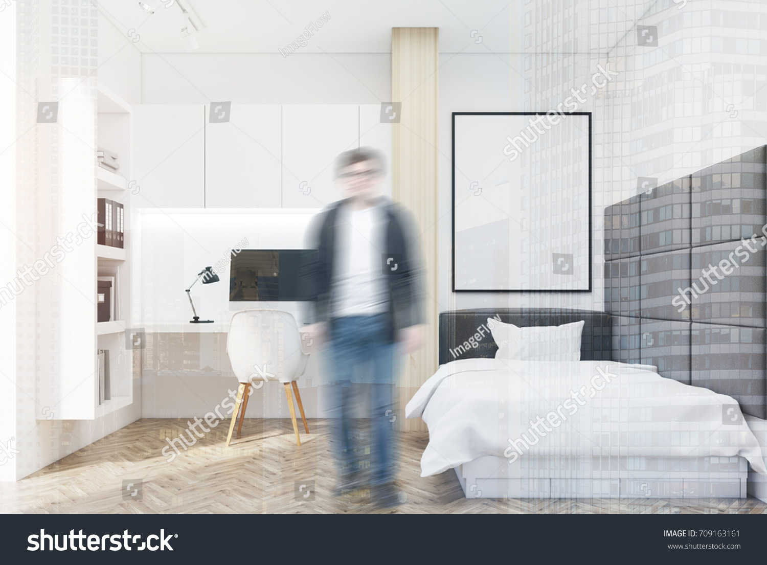White Bedroom Interior Wooden Floor Single Stock Illustration
