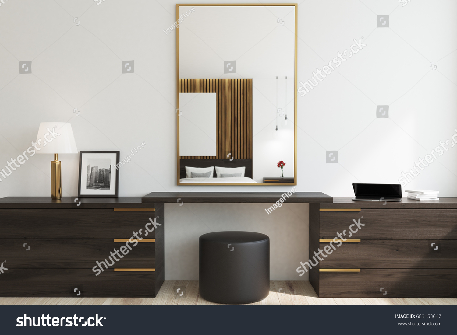 White Bedroom Interior Wooden Makeup Table Stock