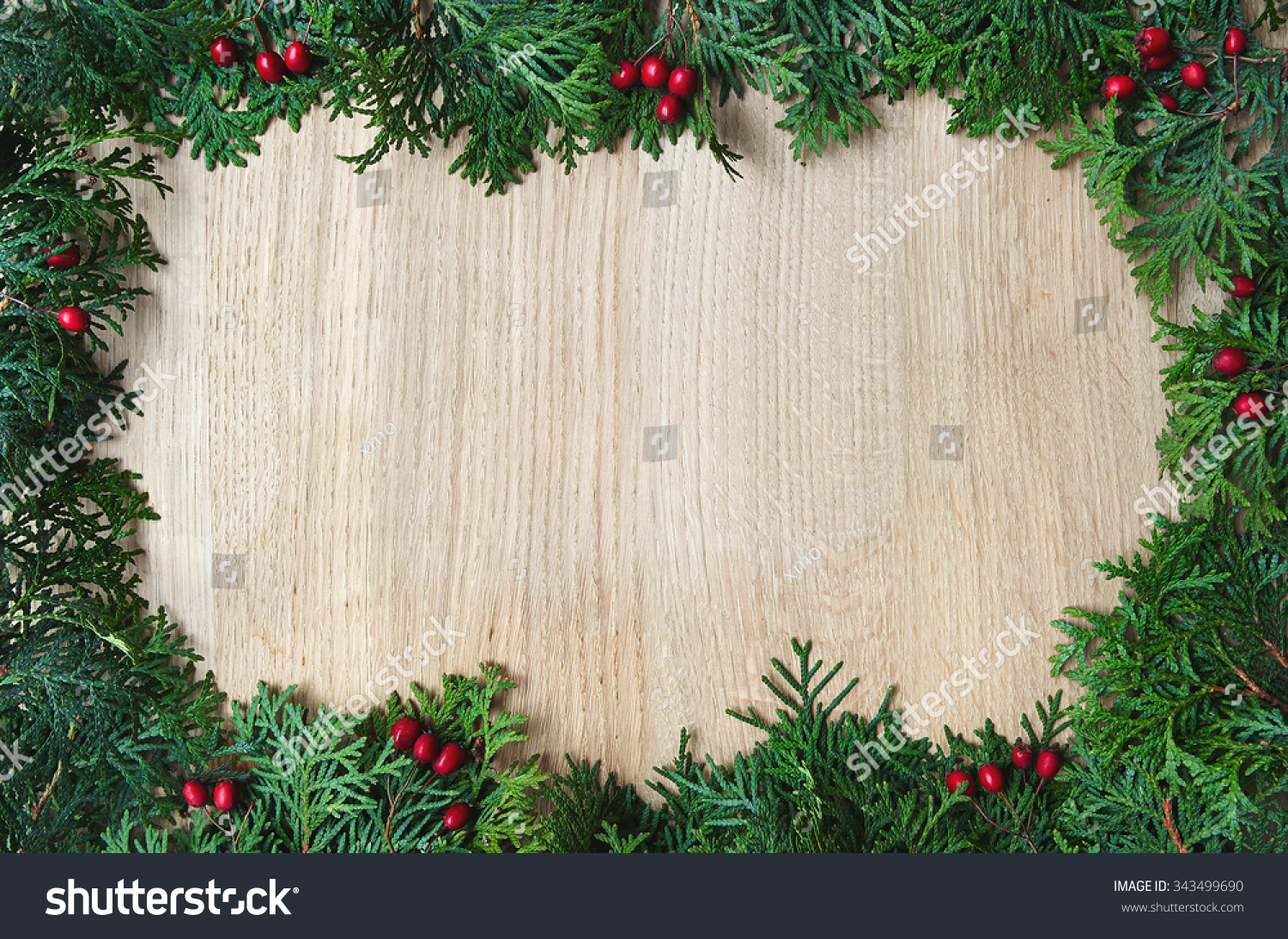 White Cedar With Red Berries Border Frame On Light Oak Wood Horizontal ...