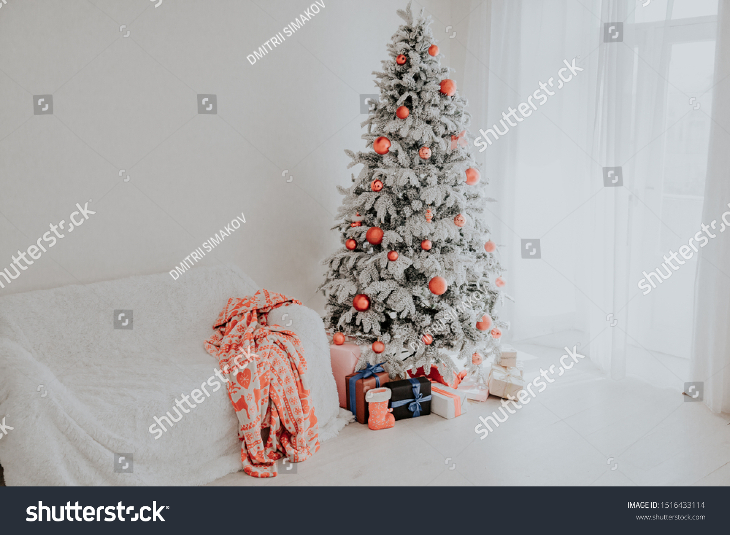 White Christmas Tree Bedroom Interior Gifts Stock Photo