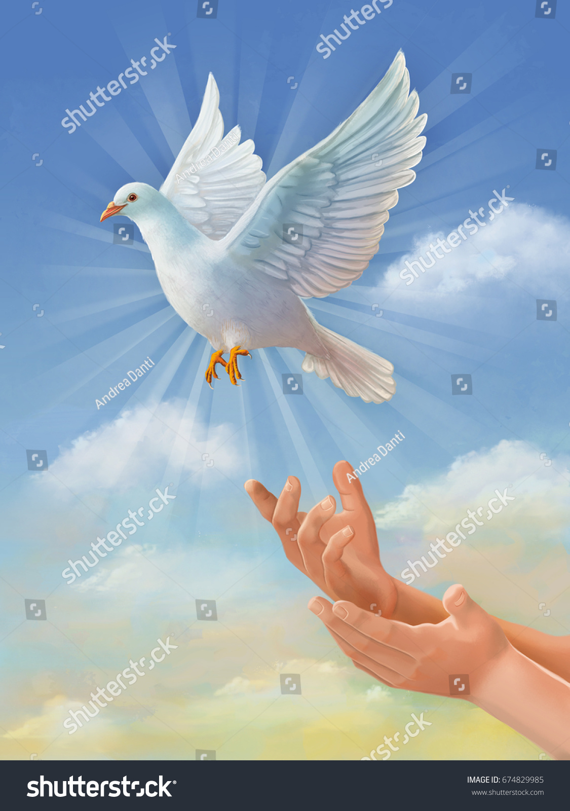 平和の象徴 空を飛ぶ白い鳩 グラフィックタブレットを使用してペイントされたオリジナルのデジタルイラスト のイラスト素材