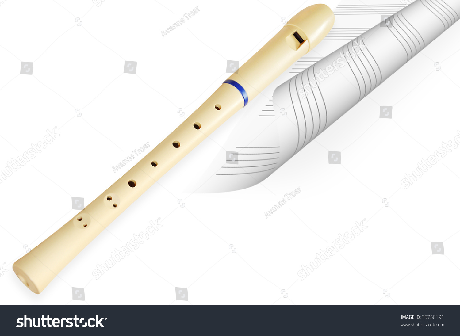 White Flute On Curved Paper With Musical Note Lines Stock Photo ...