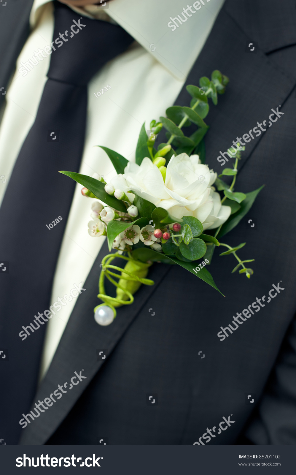 White Freesia Wedding Boutonniere On Suit Stock Photo Edit Now 85201102