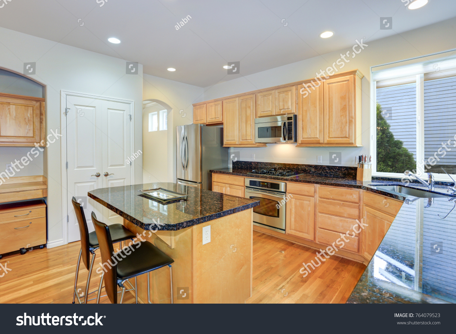 White Gourmet Kitchen Wooden Cabinetry Granite Stock Photo Edit