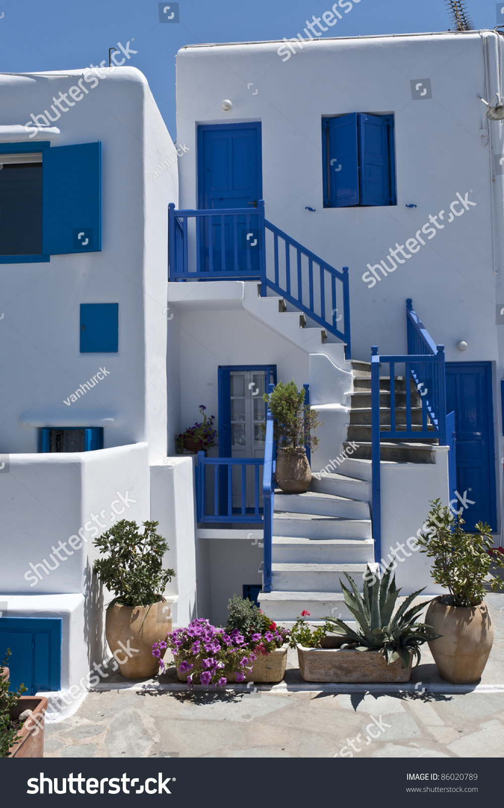 White House With Blue Shutters In Mykonos, Greece Stock Photo 86020789 ...