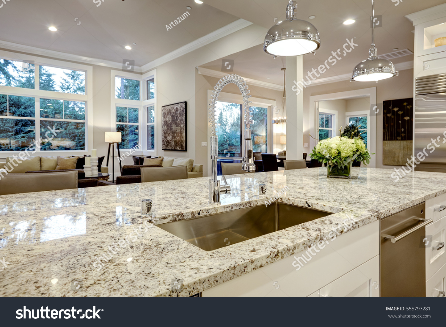 White Kitchen Design Features Large Bar Stock Photo Edit Now