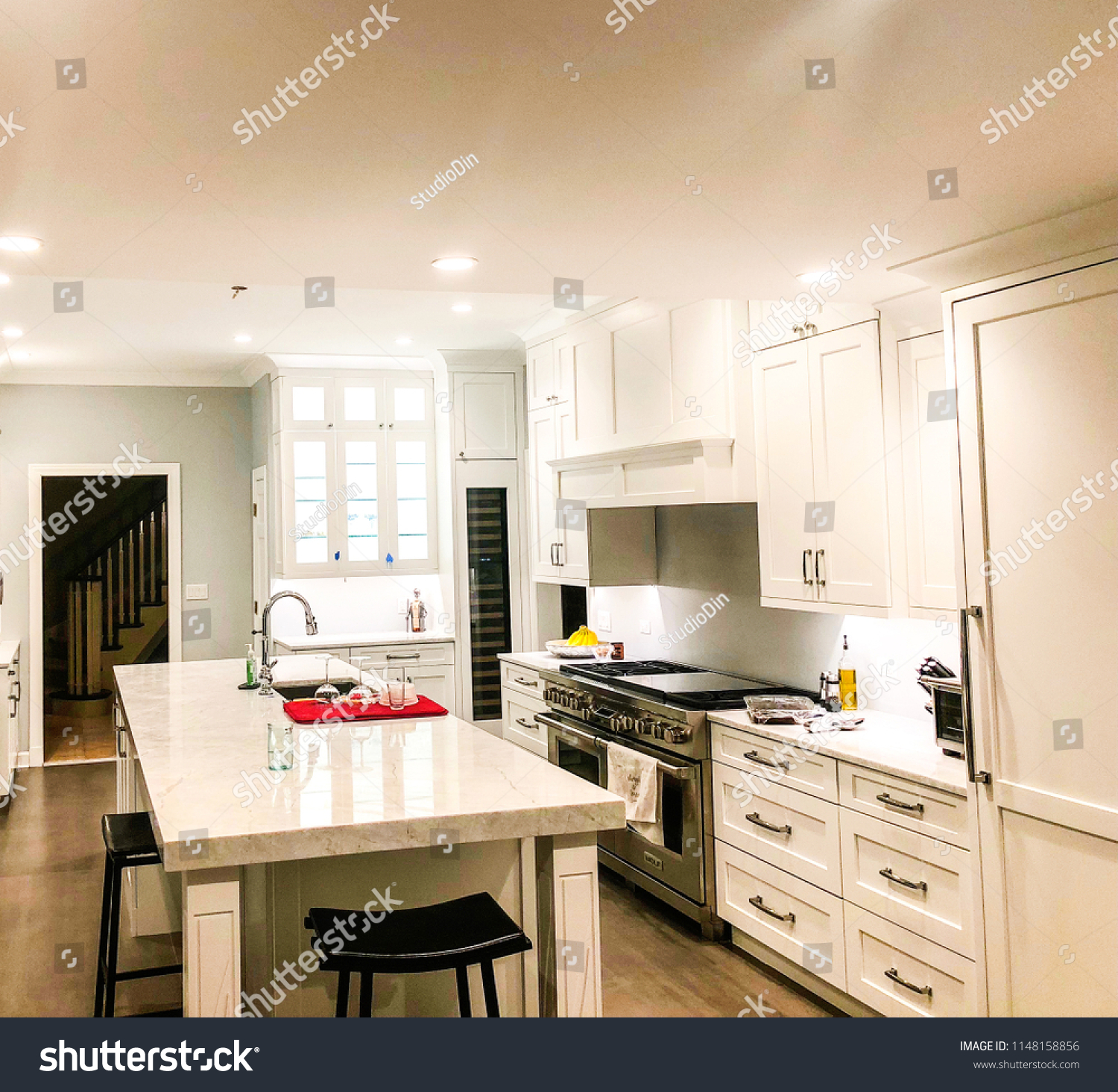 White Kitchen Design Glass Cabinet Kitchen Stock Photo Edit Now