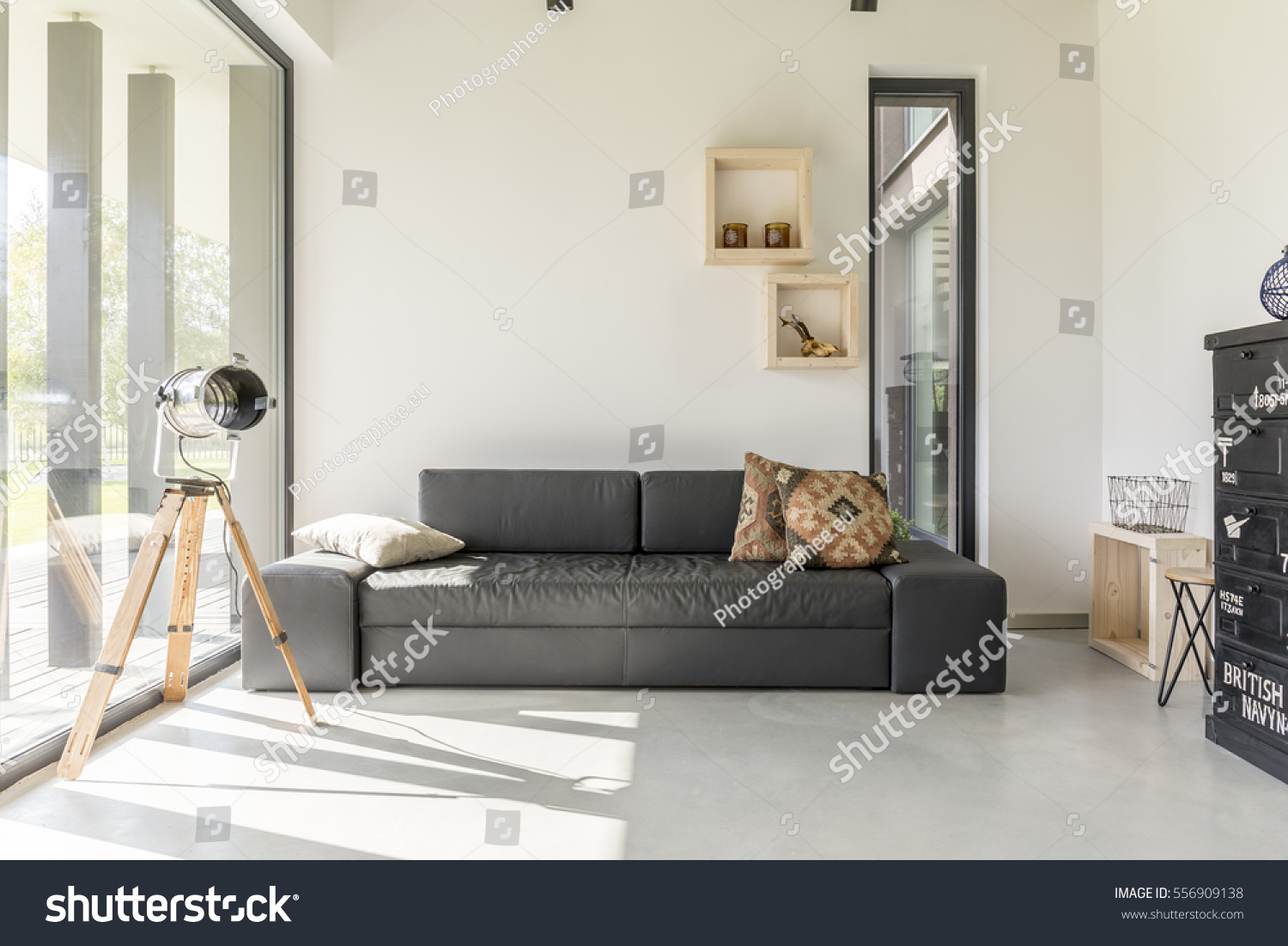 White Living Room Black Furniture Window Stock Photo 556909138