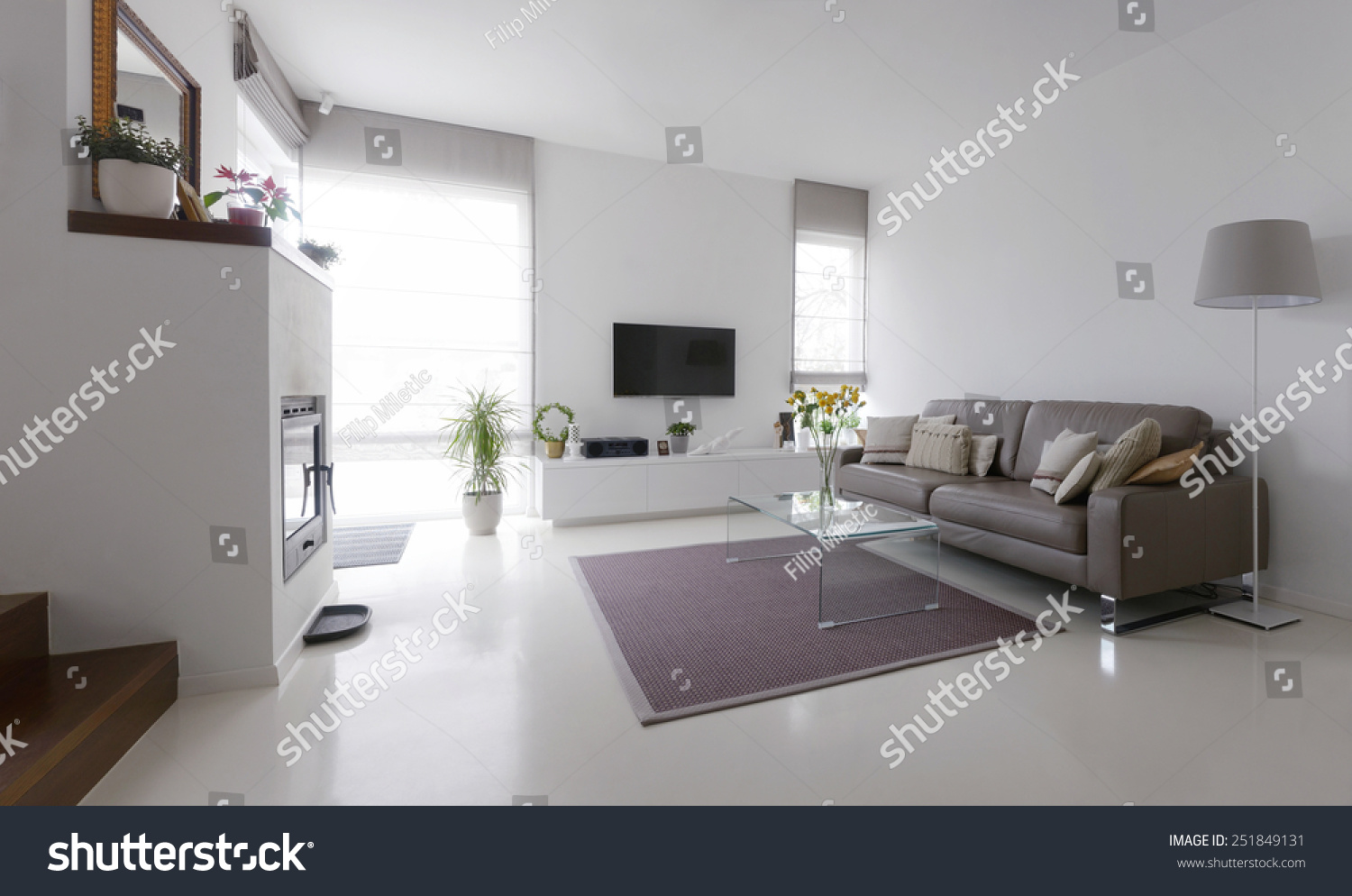 White Living Room Taupe Leather Sofa Stock Photo 251849131 White Living Room Taupe Leather Sofa Stock Photo 251849131