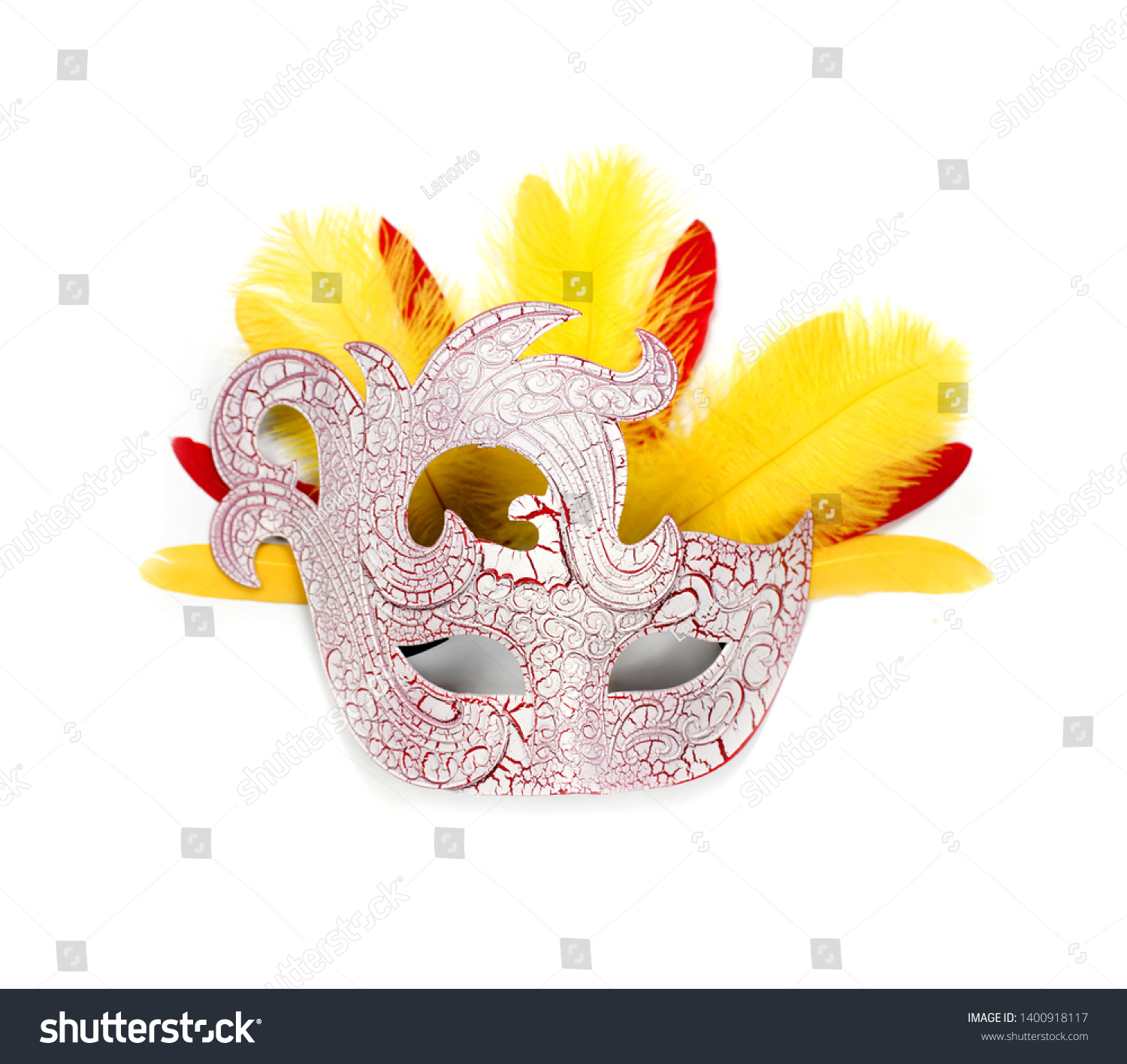 Download White Mask Red Yellow Feather On Stock Photo Edit Now 1400918117 PSD Mockup Templates