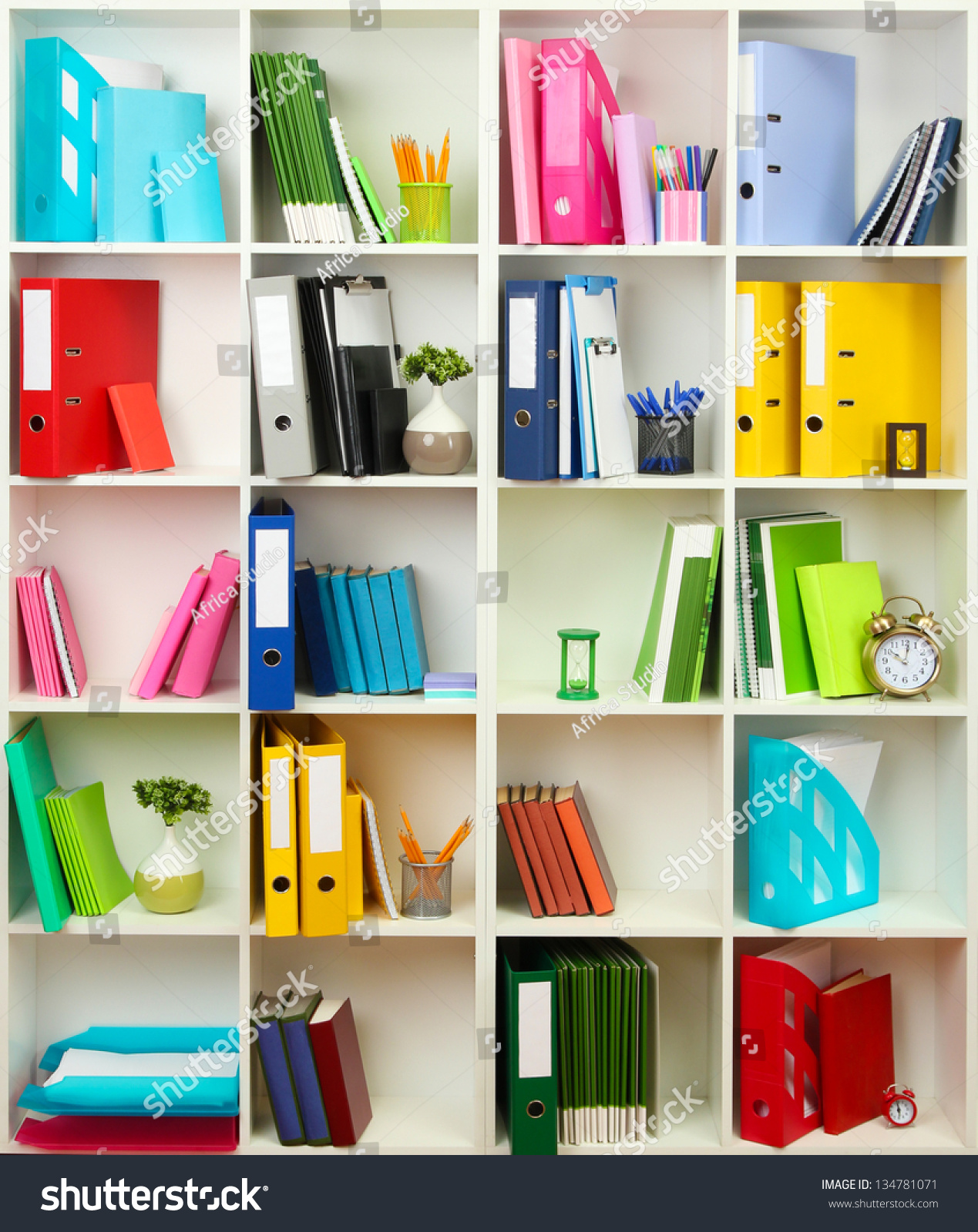 White Office Shelves With Different Stationery, Close Up Stock Photo ...