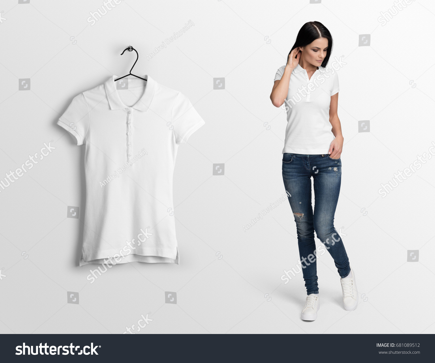 White Polo On Young Woman Jeans Stock ...