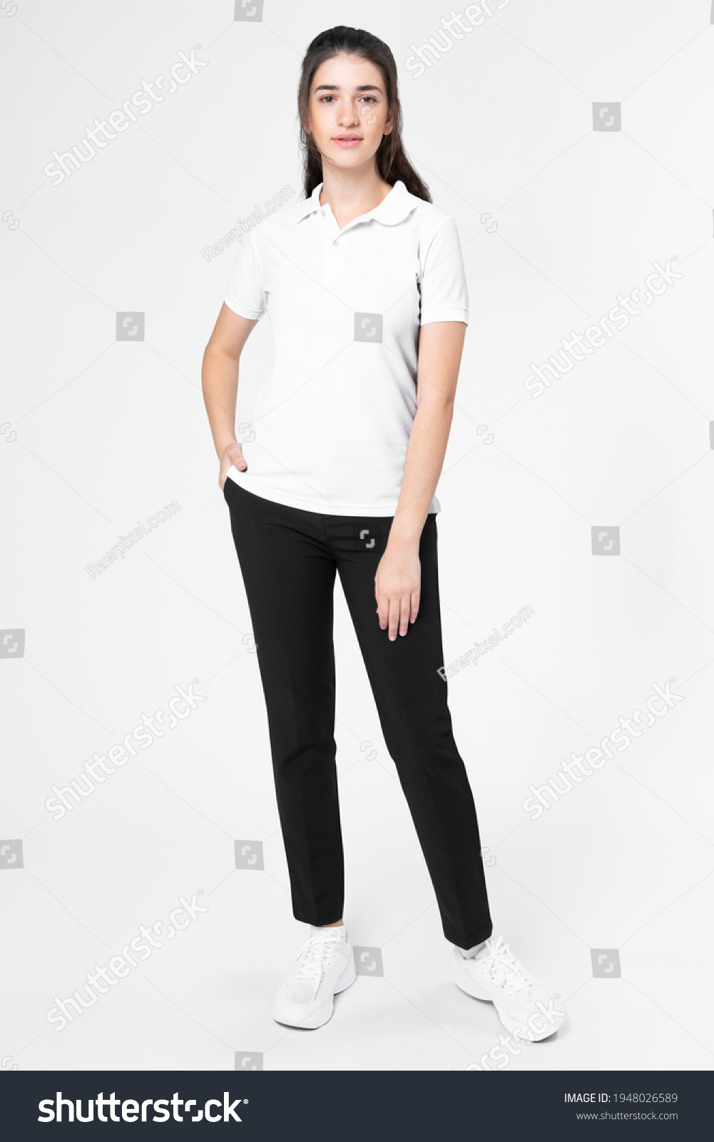 White polo and black pants womens