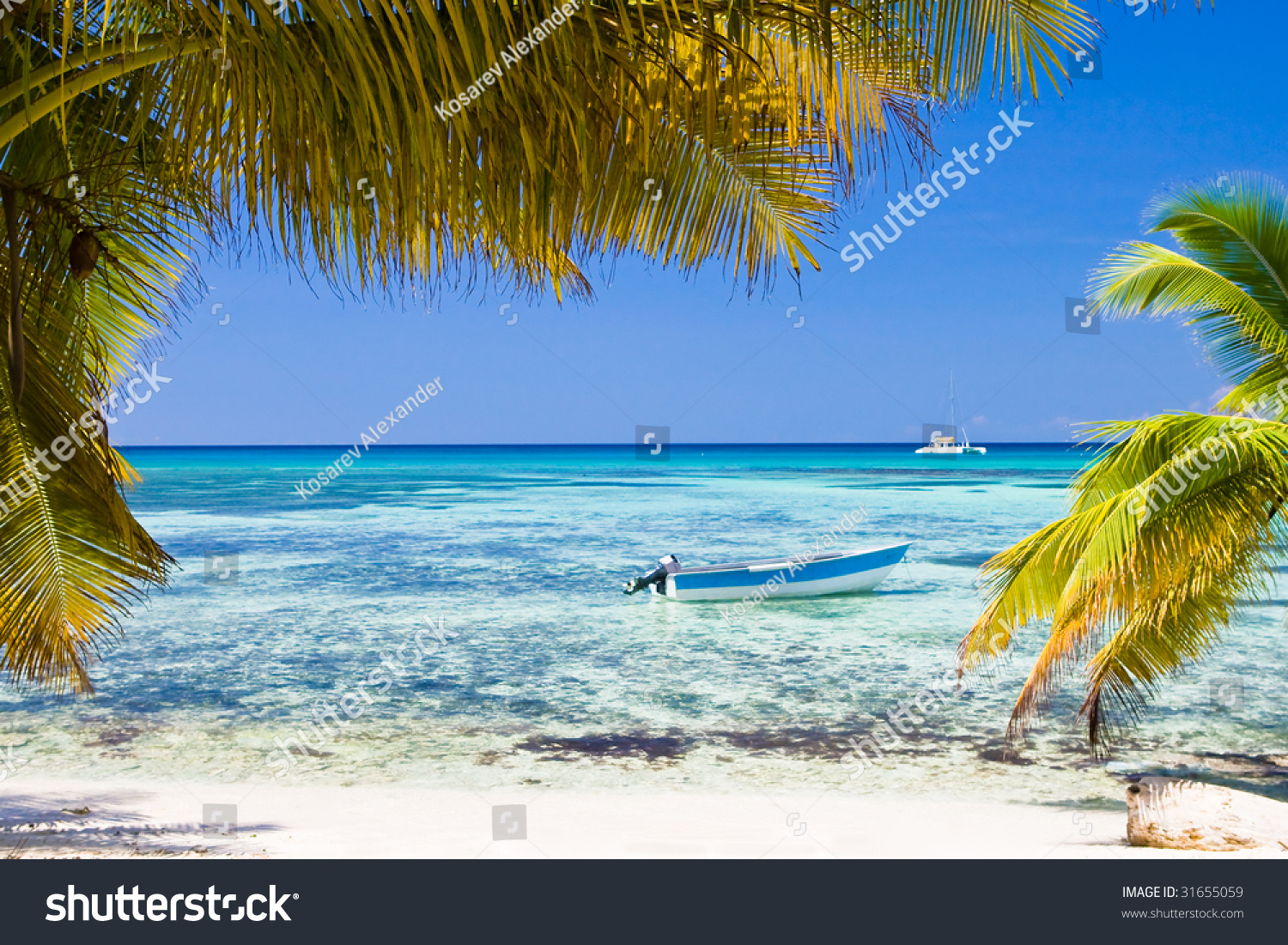 White Sand Beach Boat Blue Ocean Stock Photo (Edit Now) 31655059