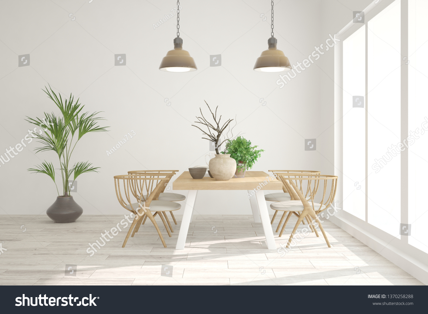 White Stylish Minimalist Kitchen Scandinavian Interior Stock Illustration 1370258288