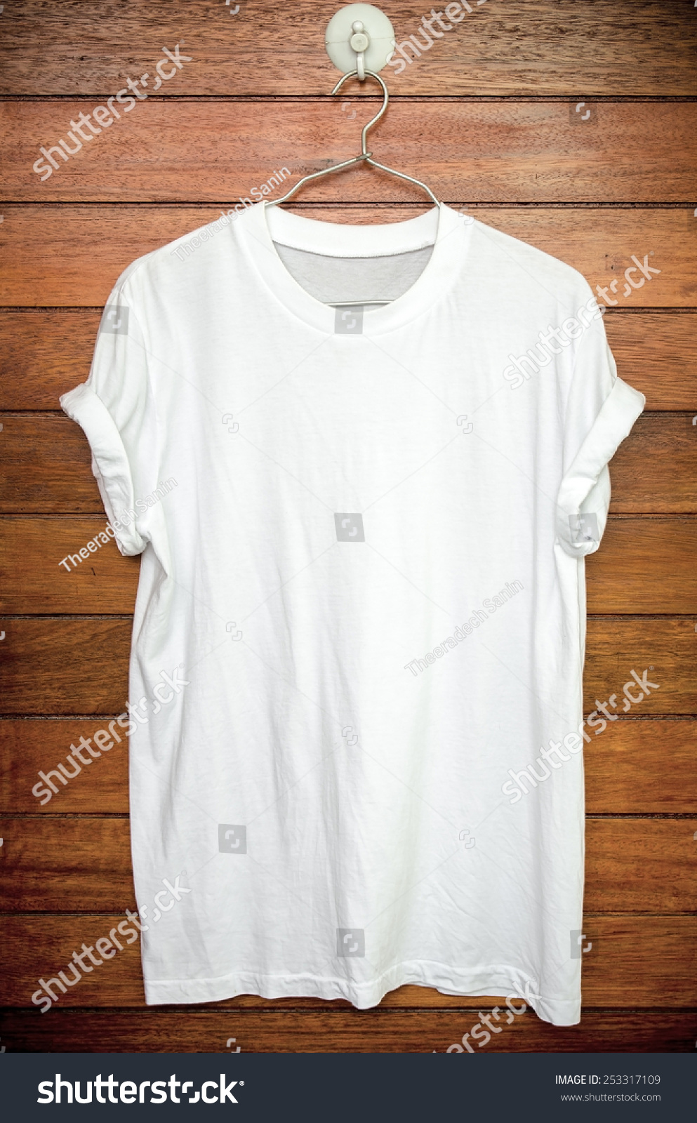 White T-Shirt Hang On Wood Wall. Stock Photo 253317109 : Shutterstock