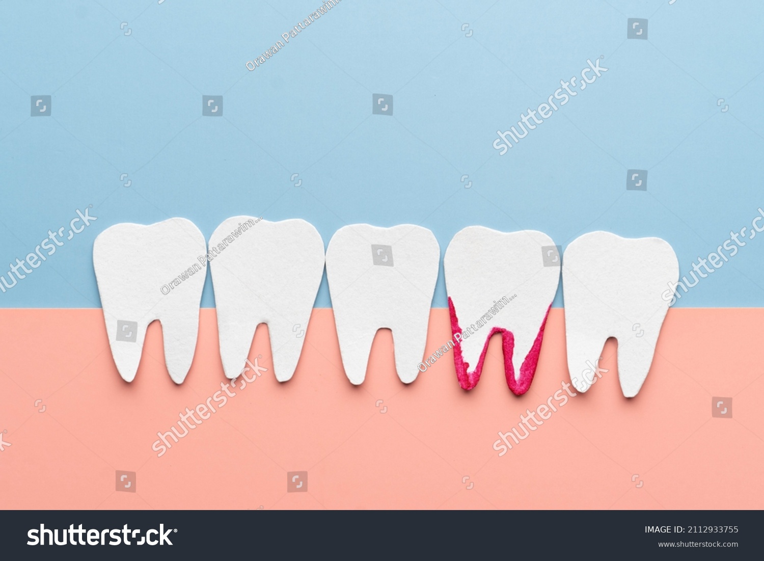 White Teeth Bleeding Cartoon Made Paper Stock Photo 2112933755