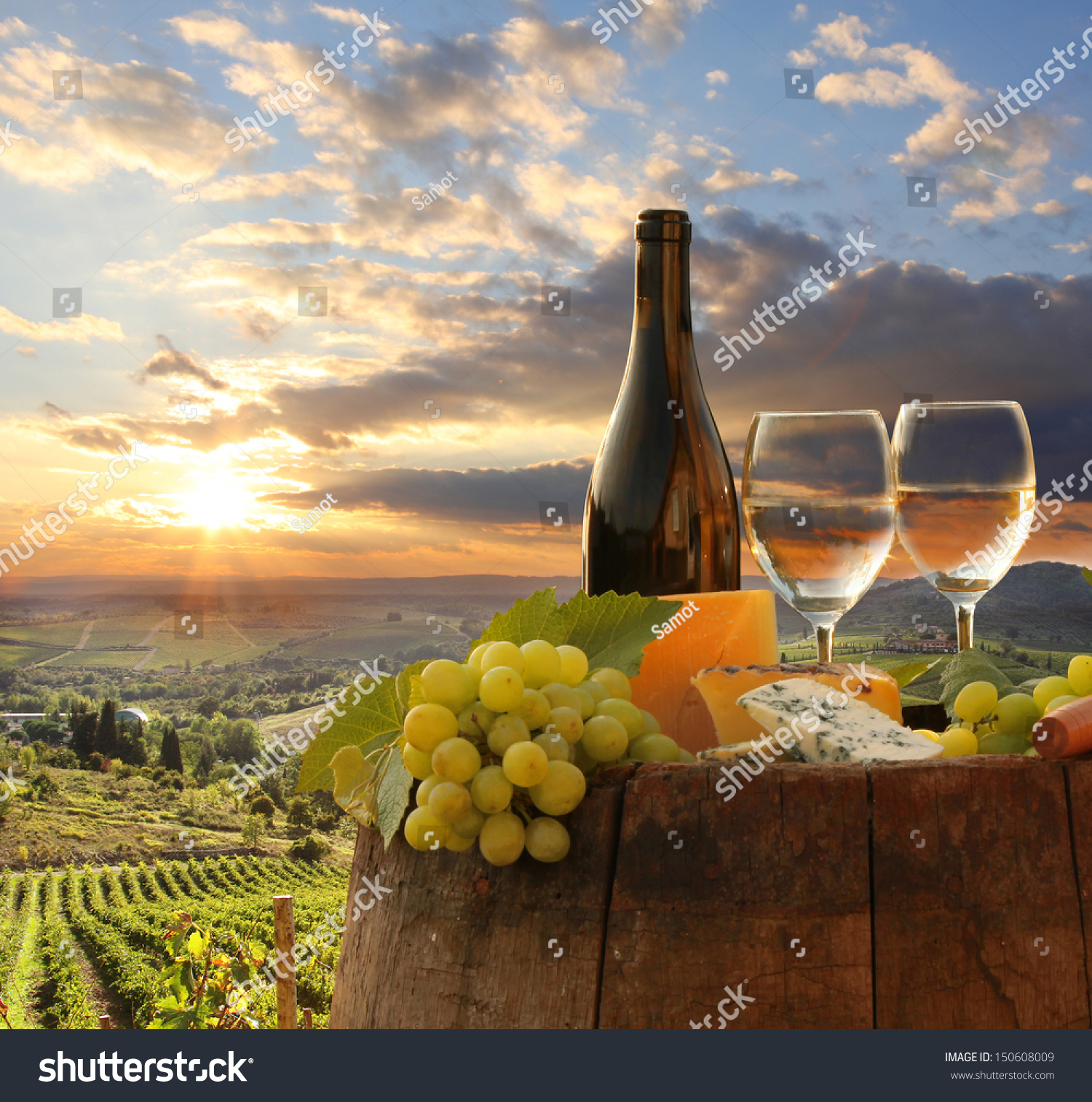 White Wine With Barrel On Vineyard In Chianti, Tuscany, Italy Stock ...