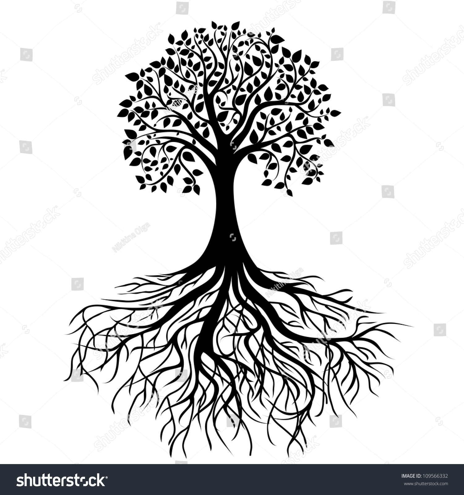 Whole Black Tree With Roots Isolated White Background Vector ...