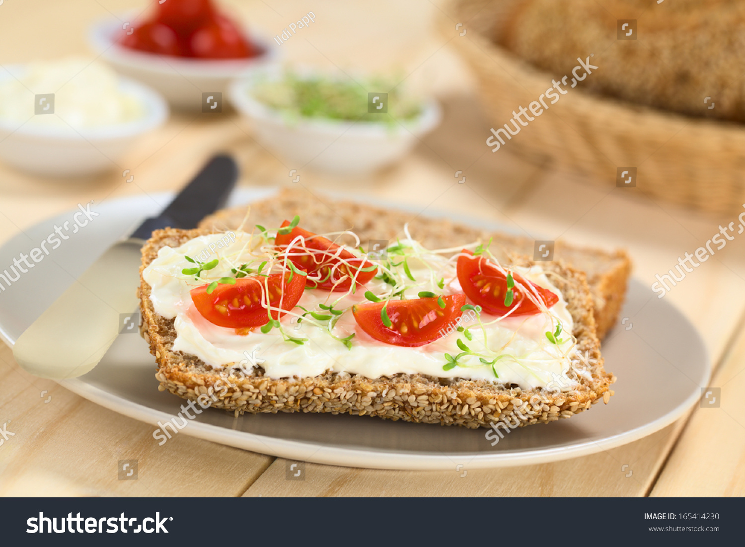 Wholewheat Bread Spread With Cream Cheese, With Cherry Tomato And ...