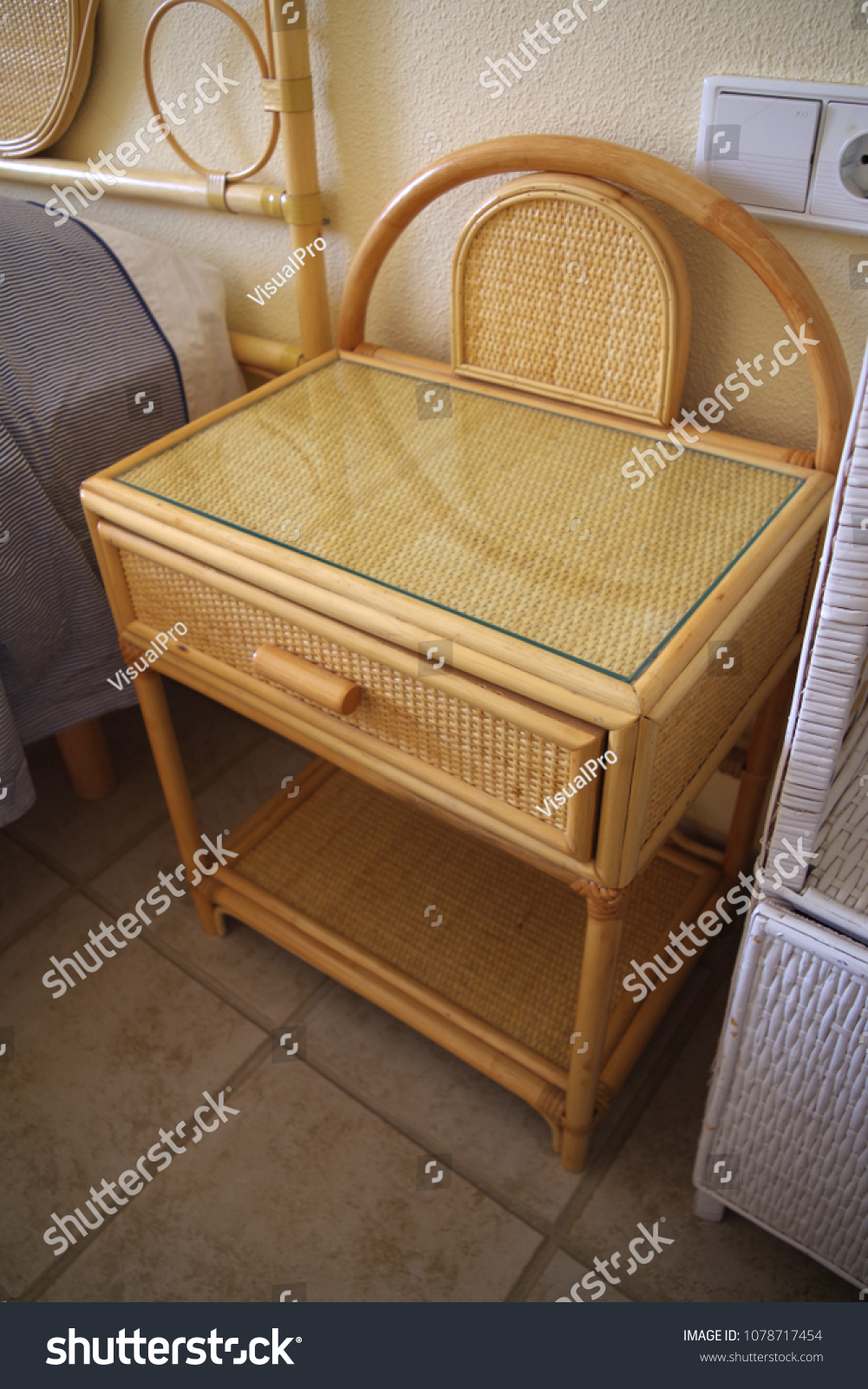 Wicker Bedside Table Made By Hand Stock Photo Edit Now 1078717454