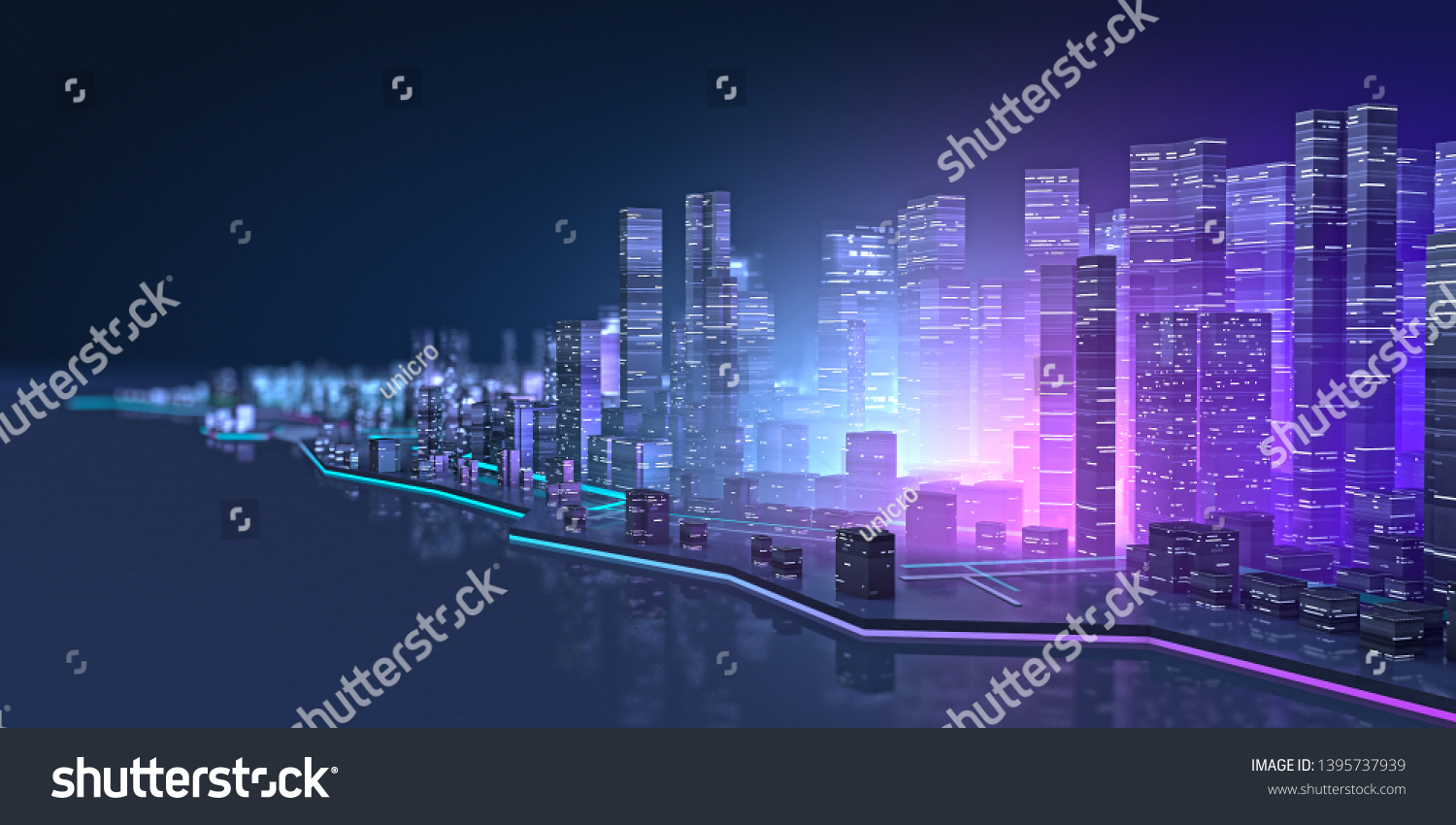 未来的な夜のネオン街が広がる ネオン灯の現代の町並み レトロウェーブとサイバーパンクのスタイル 3dイラスト のイラスト素材
