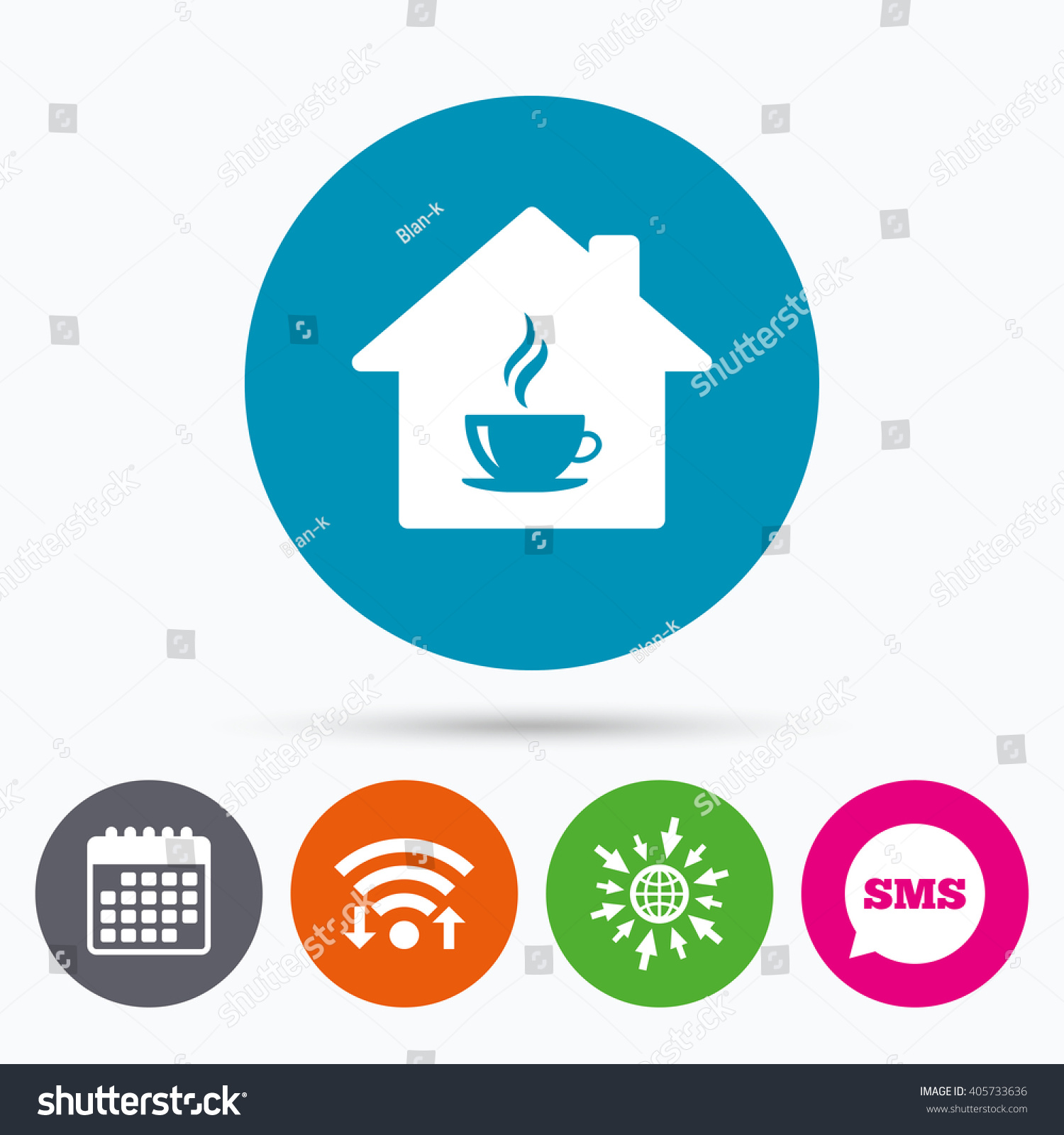 Wifi, Sms and calendar icons. Coffee shop icon. Hot coffee cup sign.