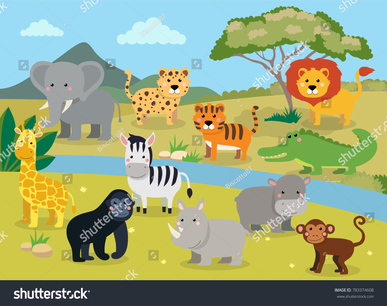 風景を持つ野生の動物 ワニ サイ 象 キリン ヒョウ トラ ゼブラ 猿 ライオン カボ 猿の可愛い漫画のイラスト のイラスト素材