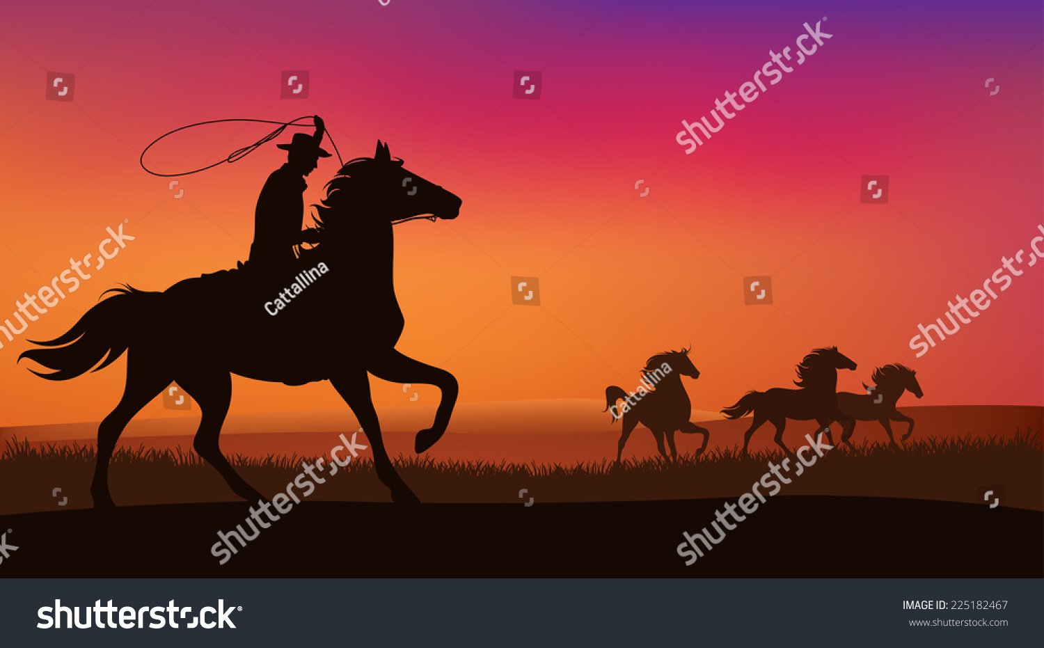 Wild West Landscape Cowboy Chasing Herd Stock Illustration 225182467 ...