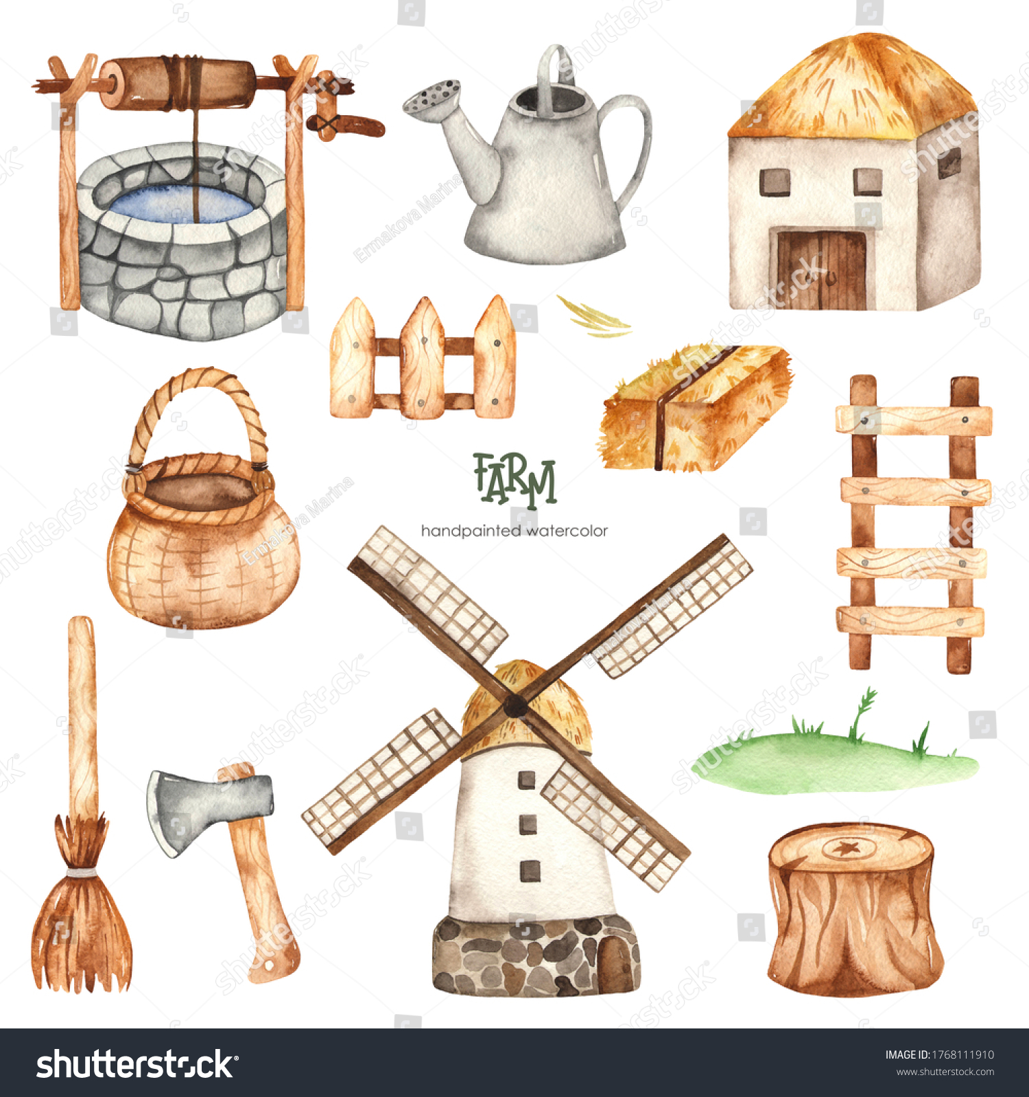 Windmill Barn Village Attributes Farm Illustartion Stock Illustration ...