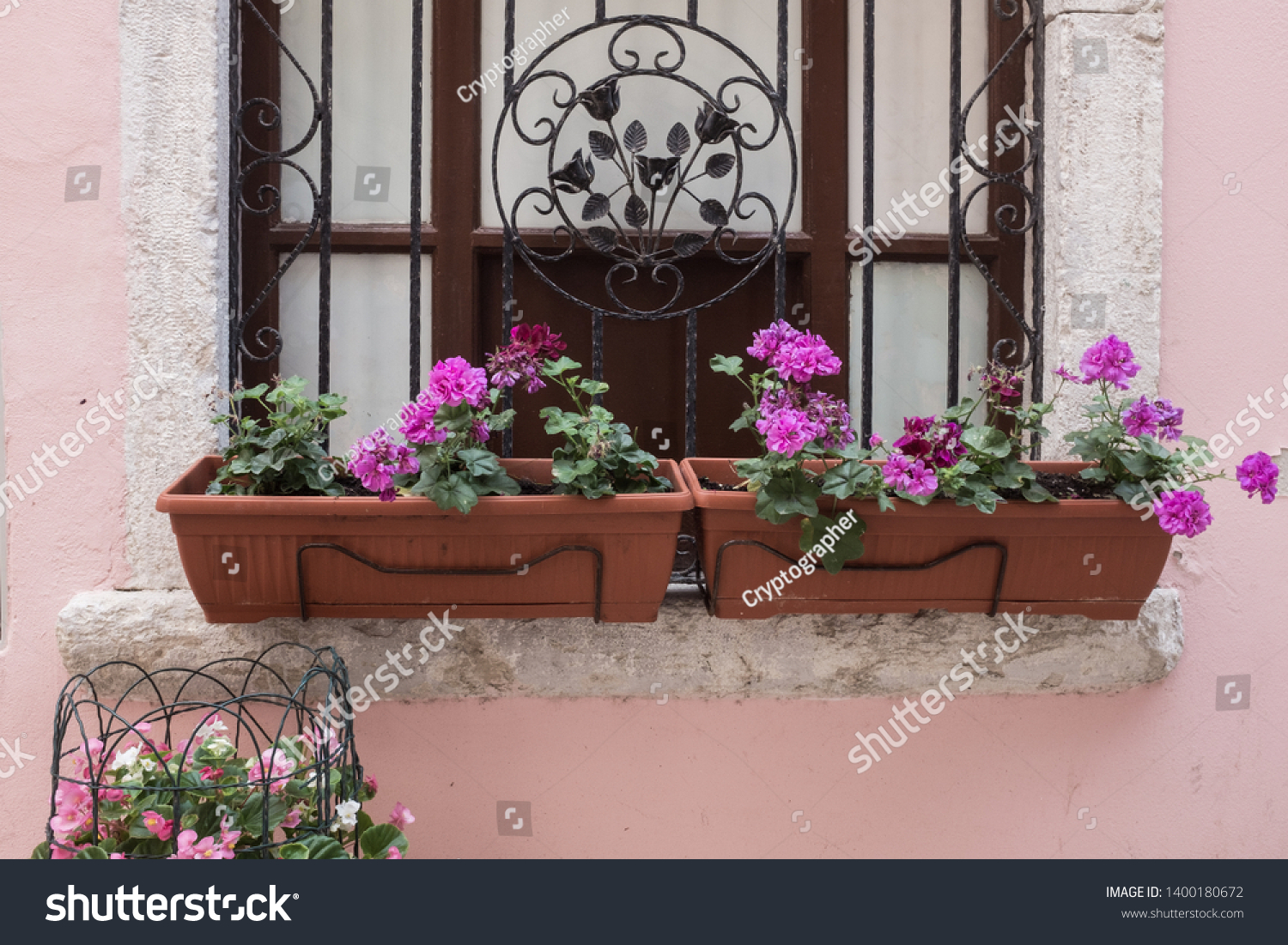 Window Sill Flower Pots Pink Painted Stock Photo Edit Now 1400180672