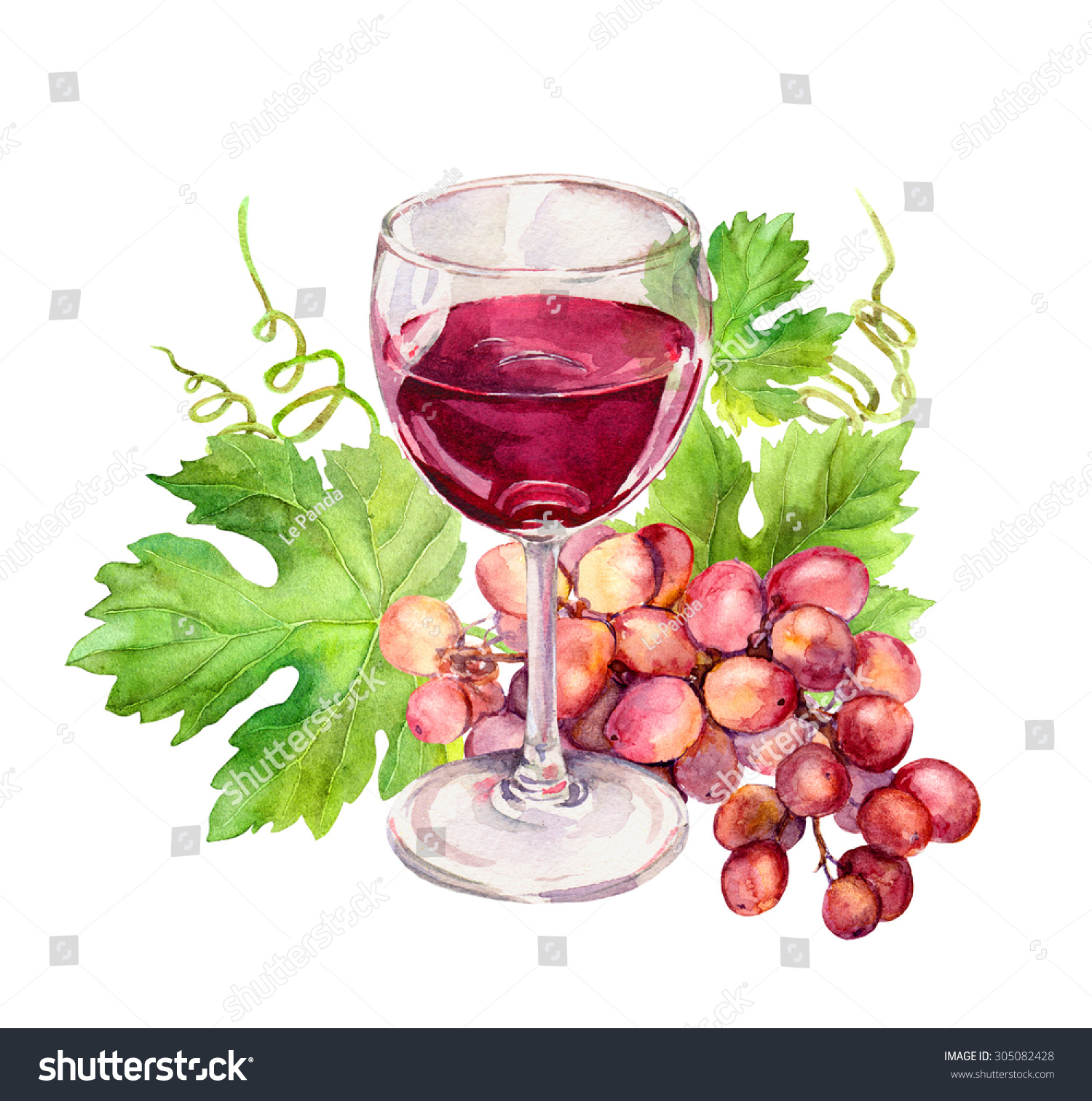 Wine Glass Vine Leaves Grape Berries Stock Illustration 305082428 ...