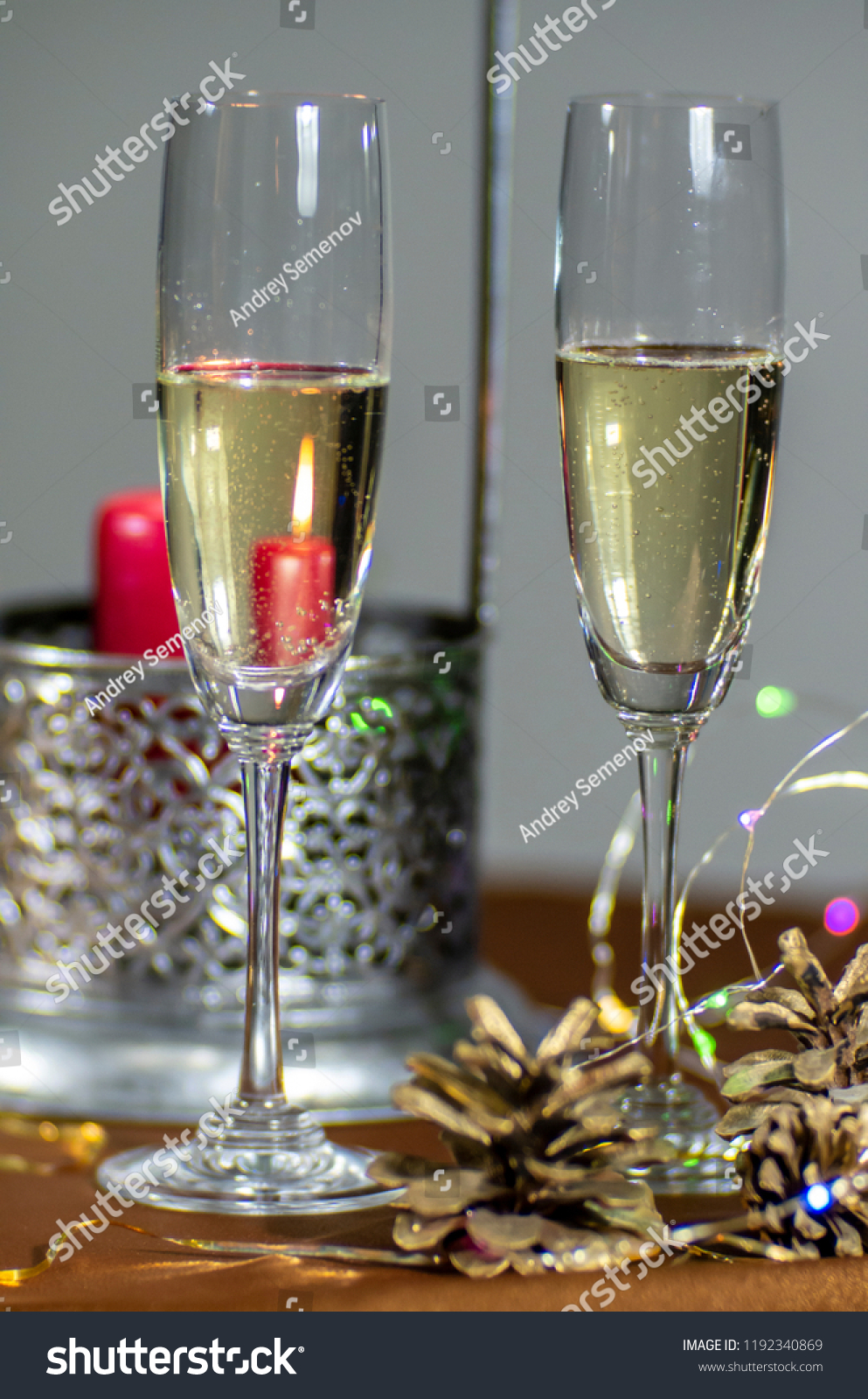 Wineglasses Champagne Two Person Christmas Decorations Stock Photo