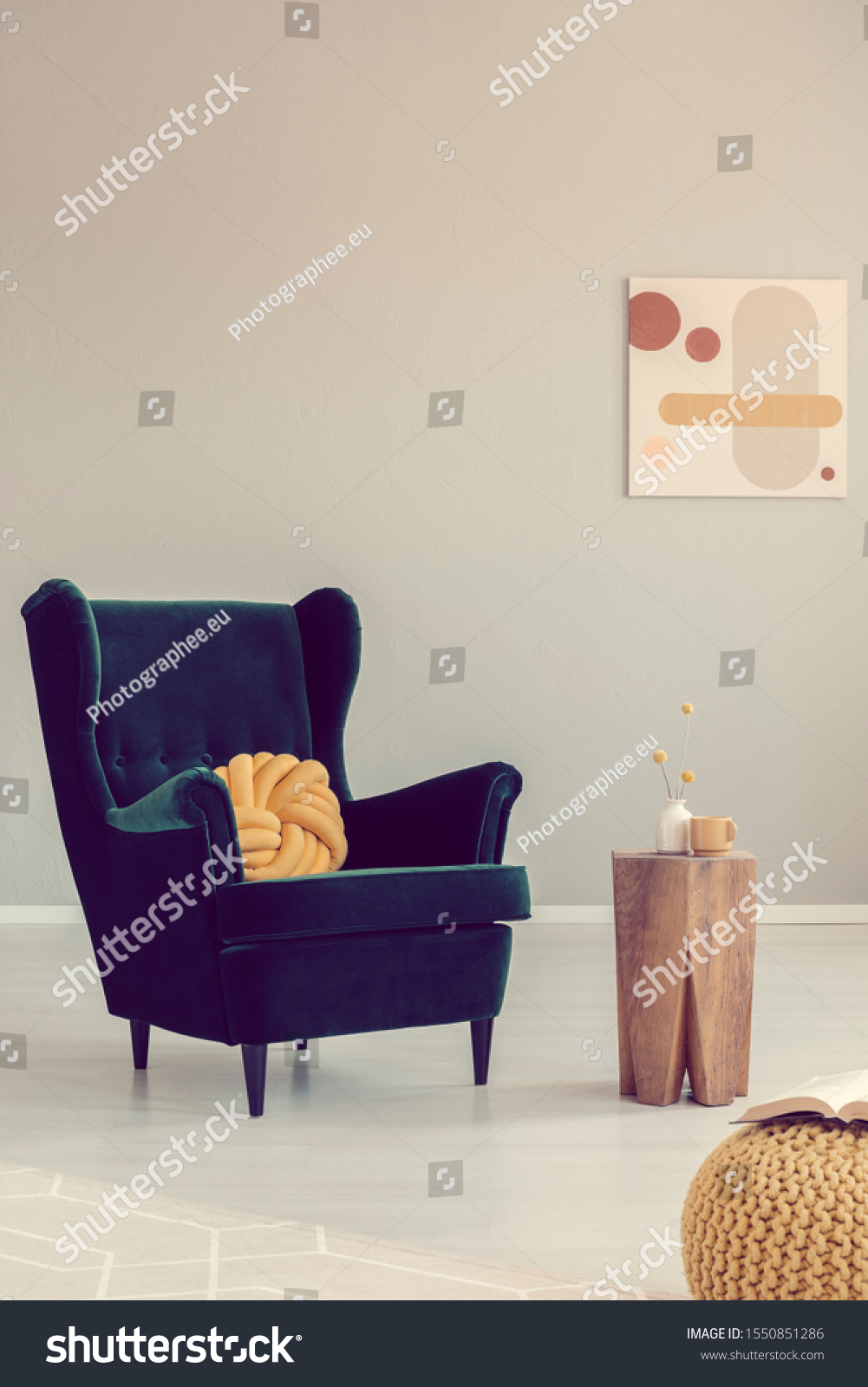 Wing Back Chair Yellow Knot Pillow Stock Photo Edit Now 1550851286