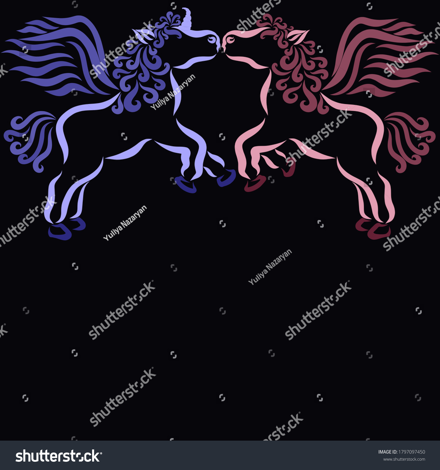 Winged Unicorn Winged Horse On Black Stock Illustration 1797097450