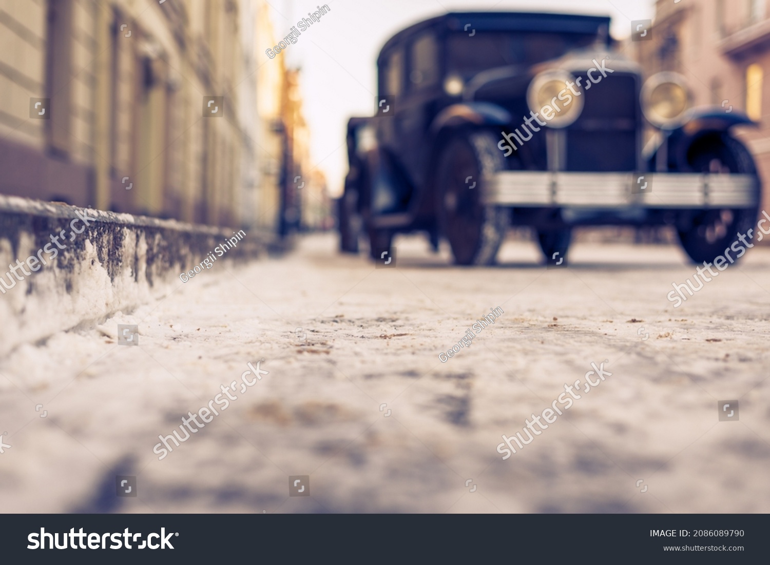 1 035 1920s Road Images Stock Photos Vectors Shutterstock   Stock Photo Winter In The City The Car Is Parked At The Sidewalk Antique Car Historical Center Of The City 2086089790 